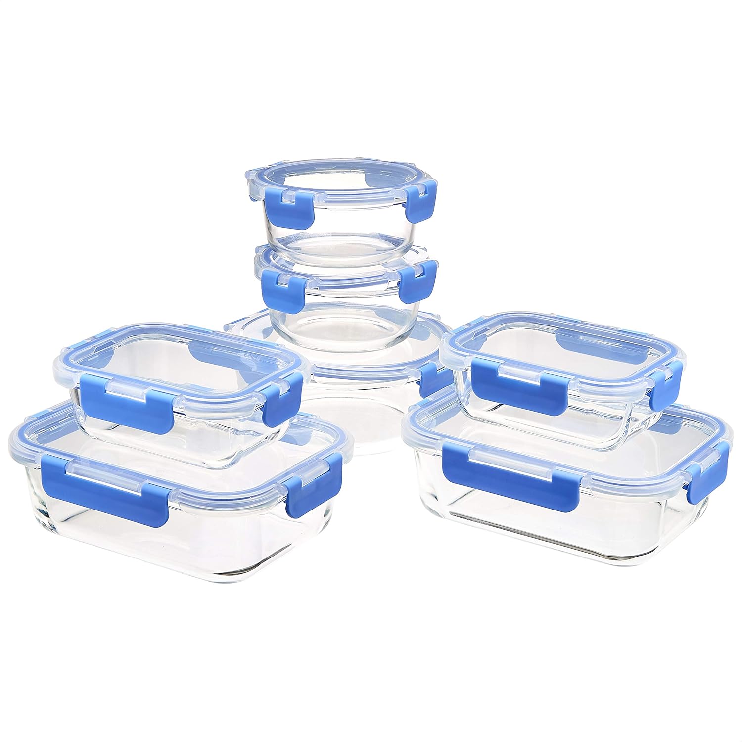 Amazon Basics Glass Food Storage Containers with Locking Lids, Set of 7, 14 Pieces Including Lids, BPA-Free, Clear with Blue Silicone Ring - Thumbnail 2