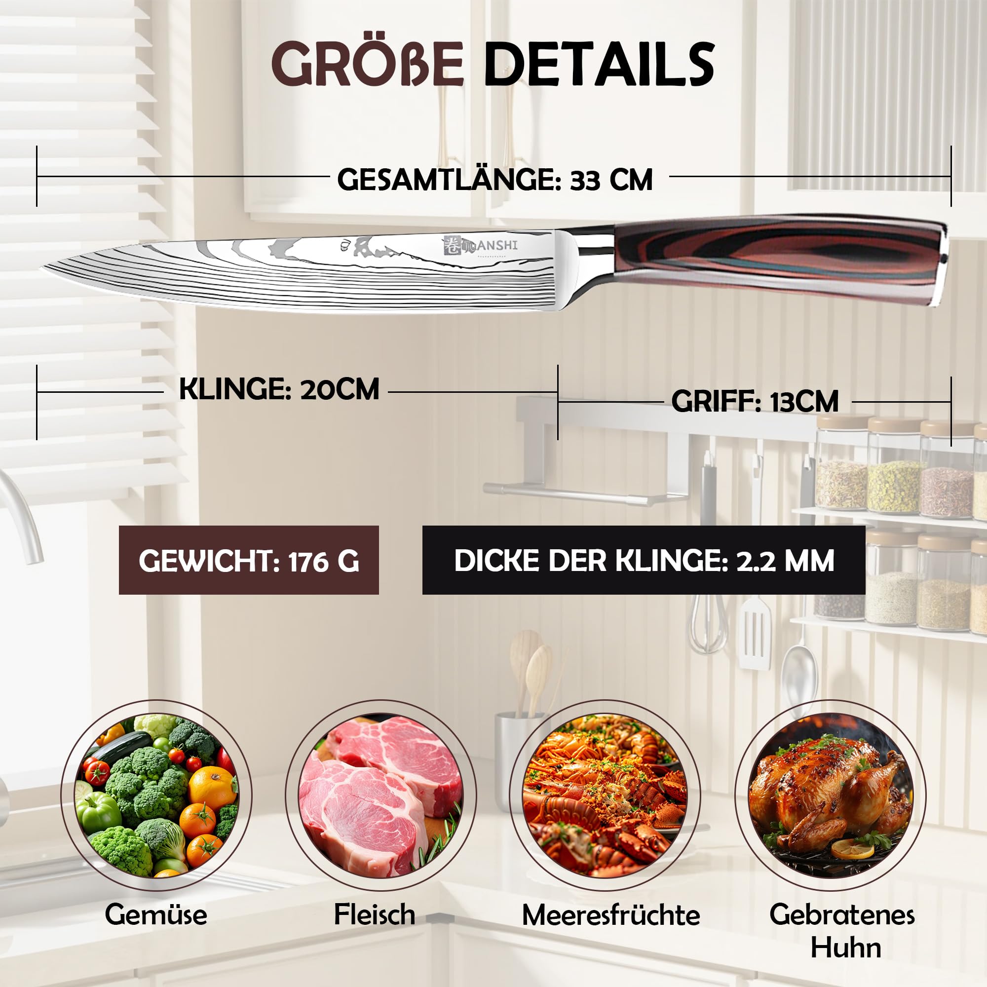 JUANSHI Coltello da carne professionale, lunghezza lama 20,0 cm, coltello da chef in acciaio inossidabile di alta qualità ad alto contenuto di carbonio, ideale per casa e ristorante