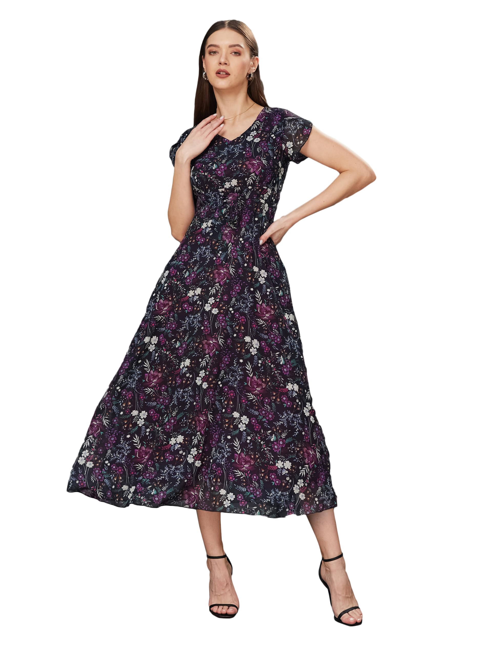 Miss Chase Women's V-Neck Short Sleeved Floral Pleated Midi Dress (Plus (Mcss19D12-95-171-03, Multicolored-Base-Black, S)