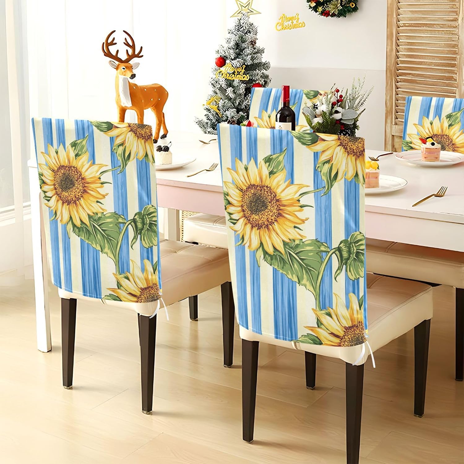 ALAZA Sunflowers Blue White Stripes Chair Back Cover Set of 6, Washable Reusable Removable Chair Slipcovers Decorative Chair Cover for Home Kitchen Wedding Party