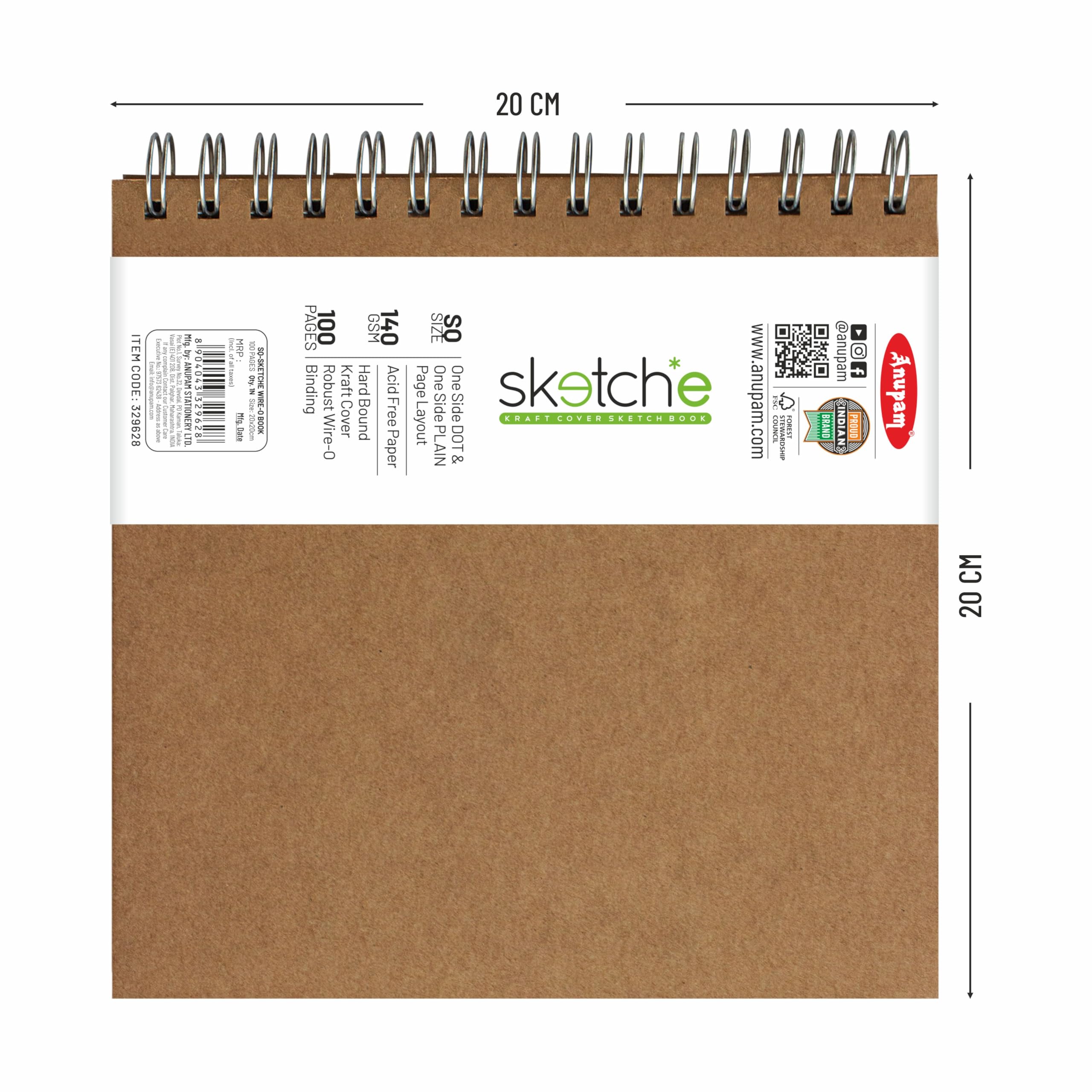 anupam SKETCHE - Blocco da disegno, formato quadrato, con rilegatura a spirale, per artisti, studenti, schizzi, 100 fogli, 140 g/m², confezione da 2, bianco