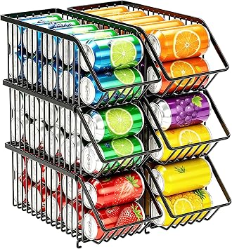 Stackable Soda Can Organizer Rack, Stacking Can Dispensers Refrigerator Organizer Bins Pop Soda Dispenser Canned For Fridge, Freezer, Kitchen, Cabinets Black, 6