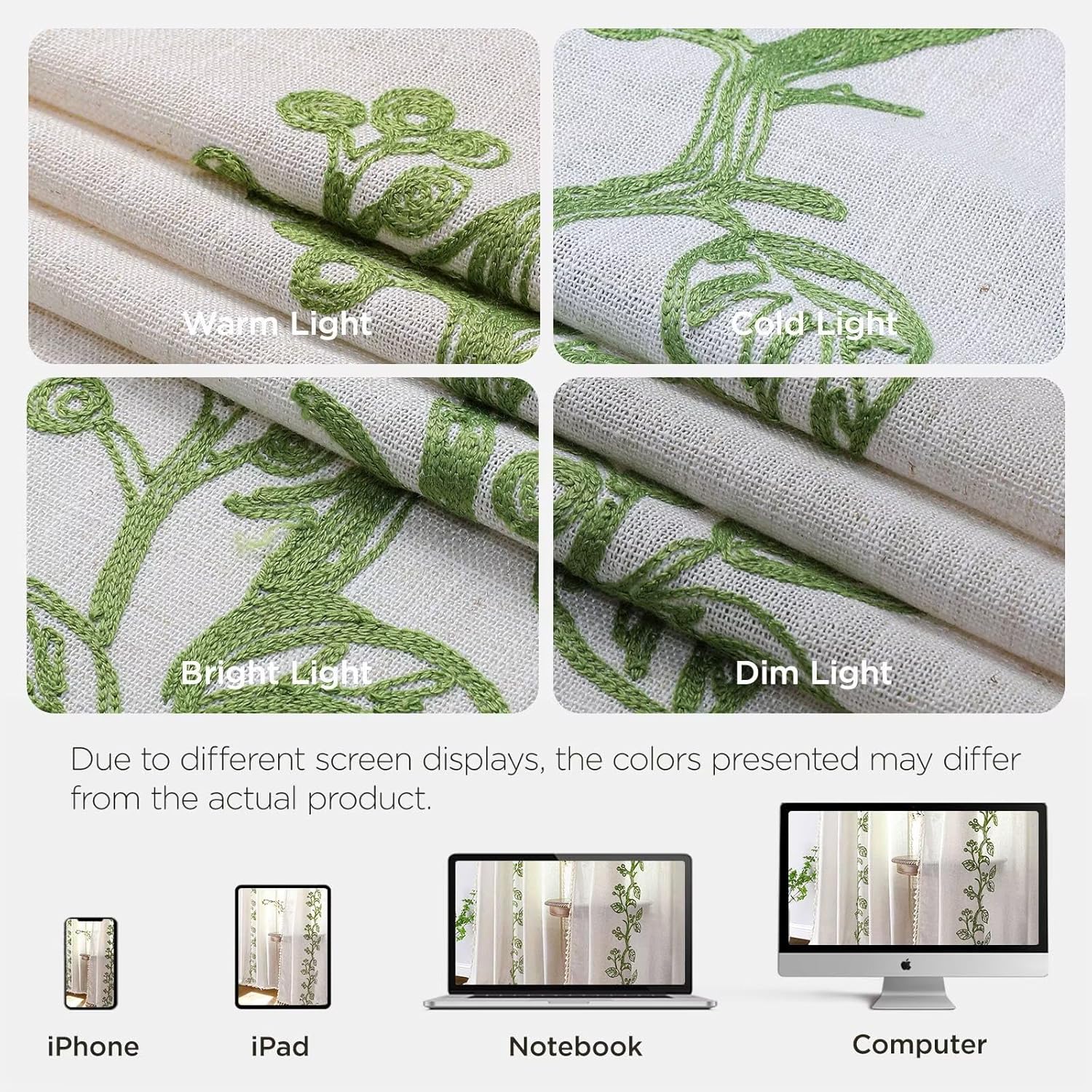 Joydeco Green Foliage Bifacial Embroidered Curtains 63 Inch Long 2 Panel Set,Semi Sheer Tassels Linen Drapes for Living Room,Boho Light Filtering Cottage Curtain with Back Tab Rod Pocket(63" Lx52 W)