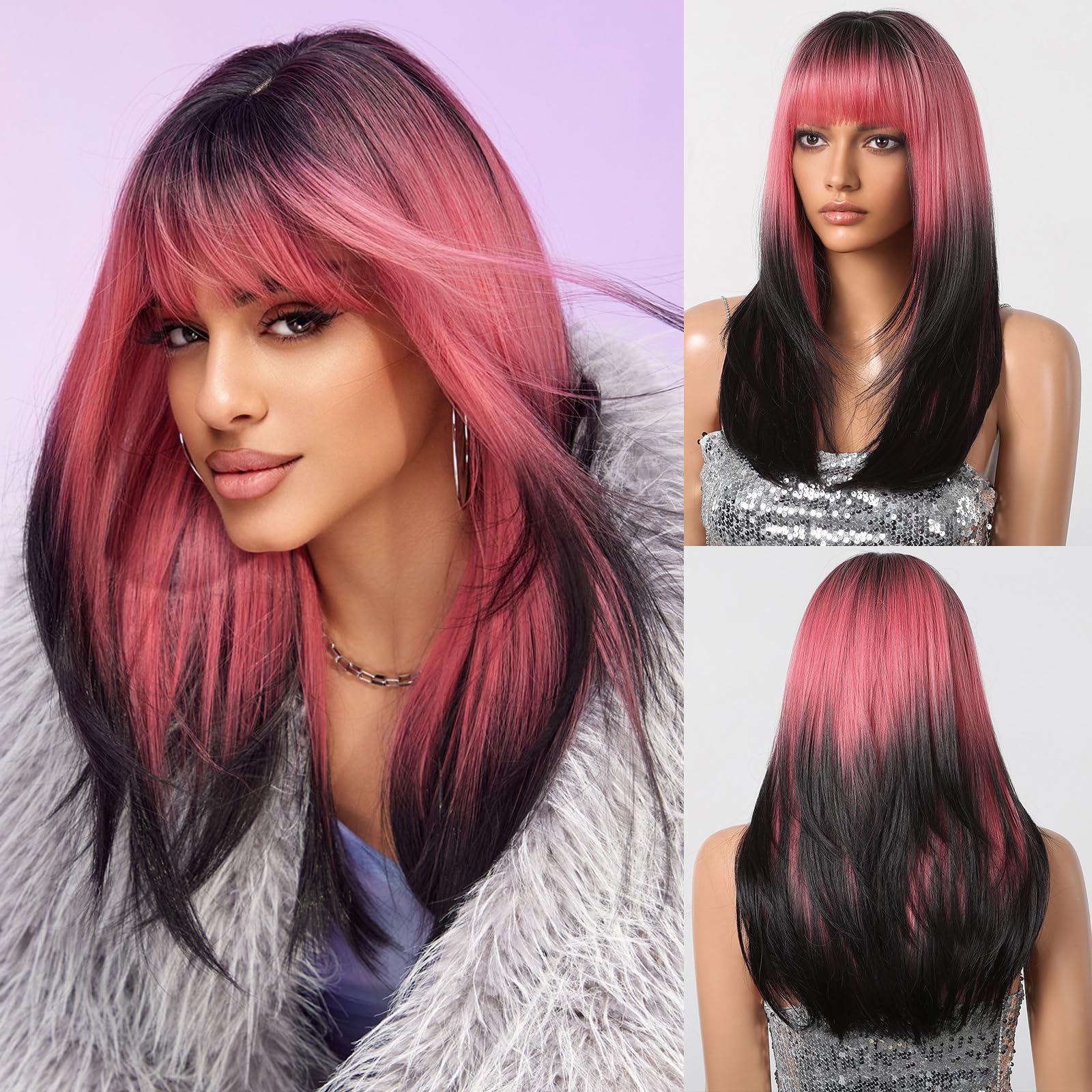 testar Pink Black Wigs for Women Long Straight Wigs With Thick Bangs Heat Resistant Synthetic Fiber Hair Layered Wigs for Any Occasion Use
