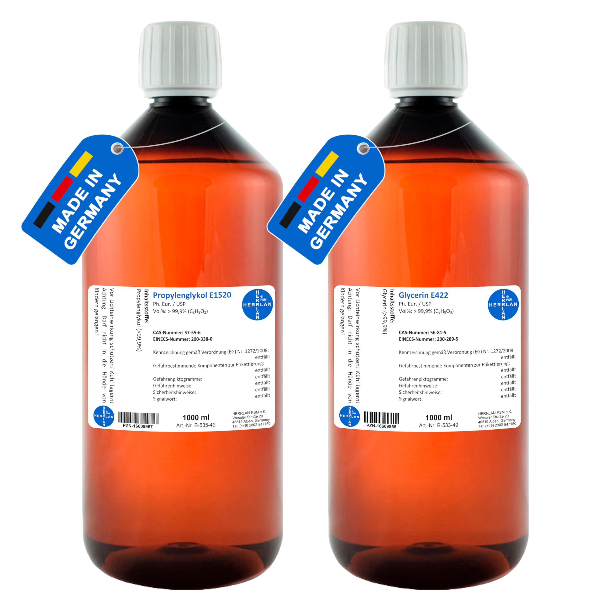 HERRLAN® Glycerin 99,9% E422 + Propylenglykol 99,9% E1520 – 2 x 1000 ml Set Ph.Eur. - SPITZENQUALITÄT - Made in Germany