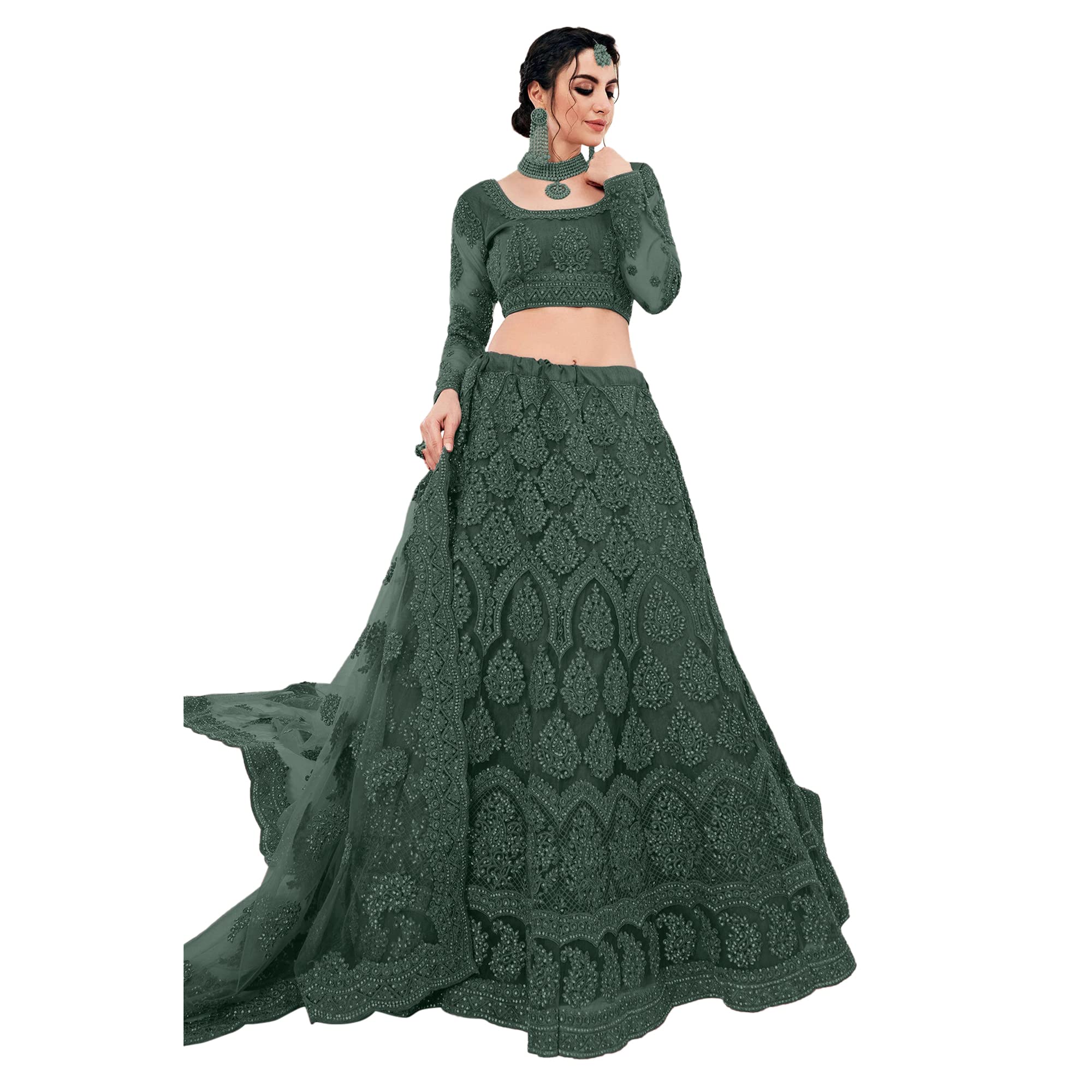 Patlani Letest Design Chain Embroderied With Stone Work Woman S Flered Lehenga Choli.Green (Semi Stitched)