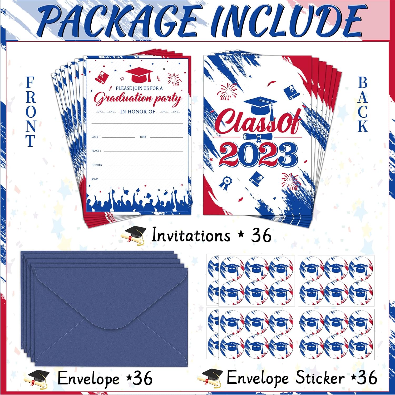 Graduation Party Invitations 36 PCS 2023 Graduation White Blue Red Invite Cards with Envelopes Grad Congrats Invitations Announcement Cards for Class of 2023 High School College University Graduation Celebration Party Supplies