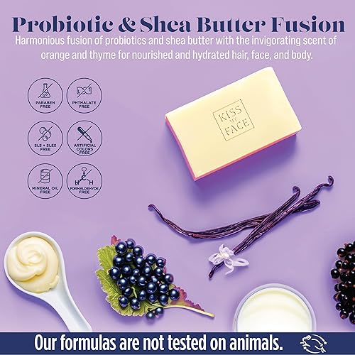 Miniatura 9 de Kiss My Face Jabón en barra 3 en 1 Effort-Less - Naranja + tomillo - Barra de jabón probiótico para cara, cabello y cuerpo con manteca de karité -