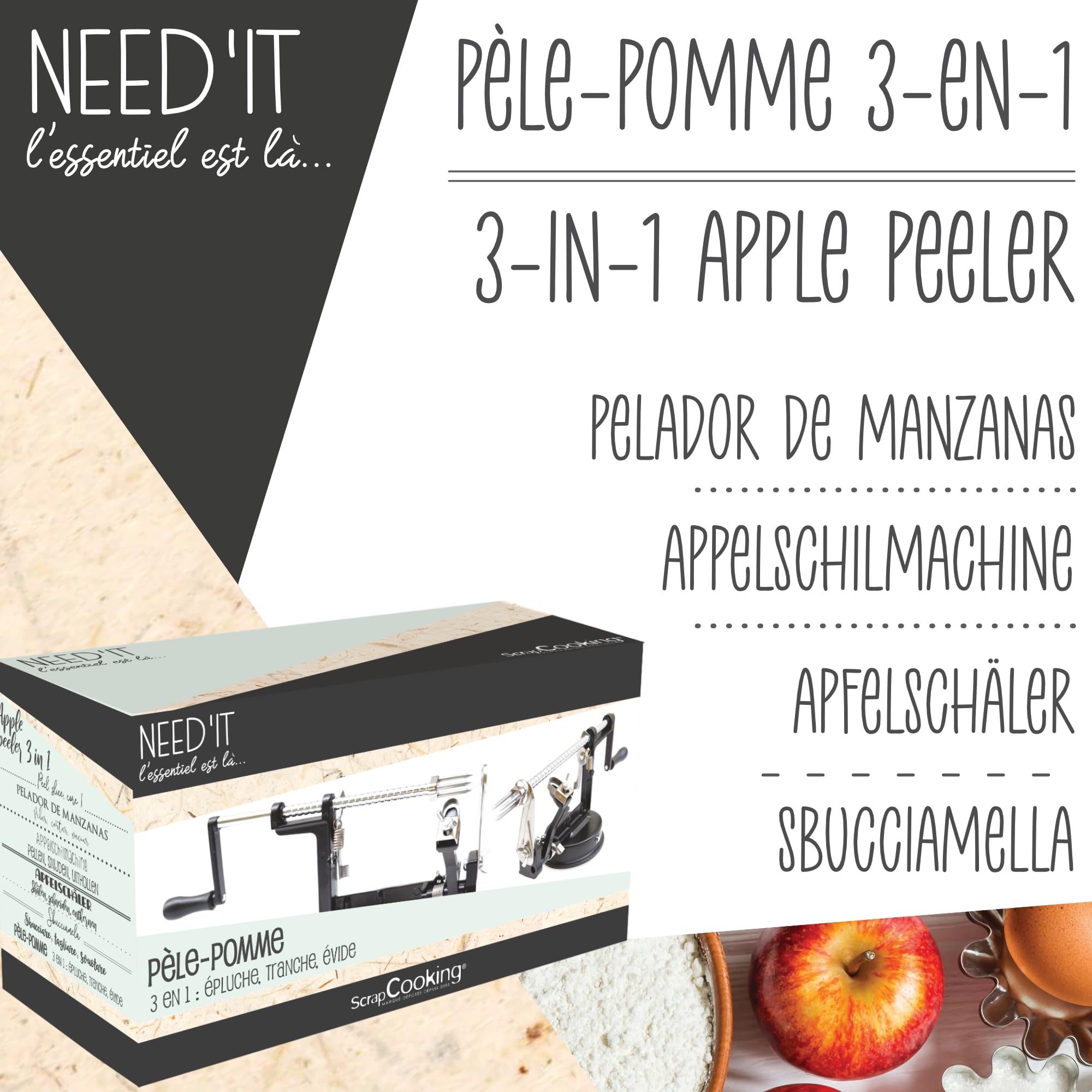 ScrapCooking - Pelador de Manzanas 3 en 1 Need’it - De Metal - Pelador, Cortador y Descorazonador de Calidad Profesional - Acero Inoxidable - Pastel Tartas - Negro - 5255