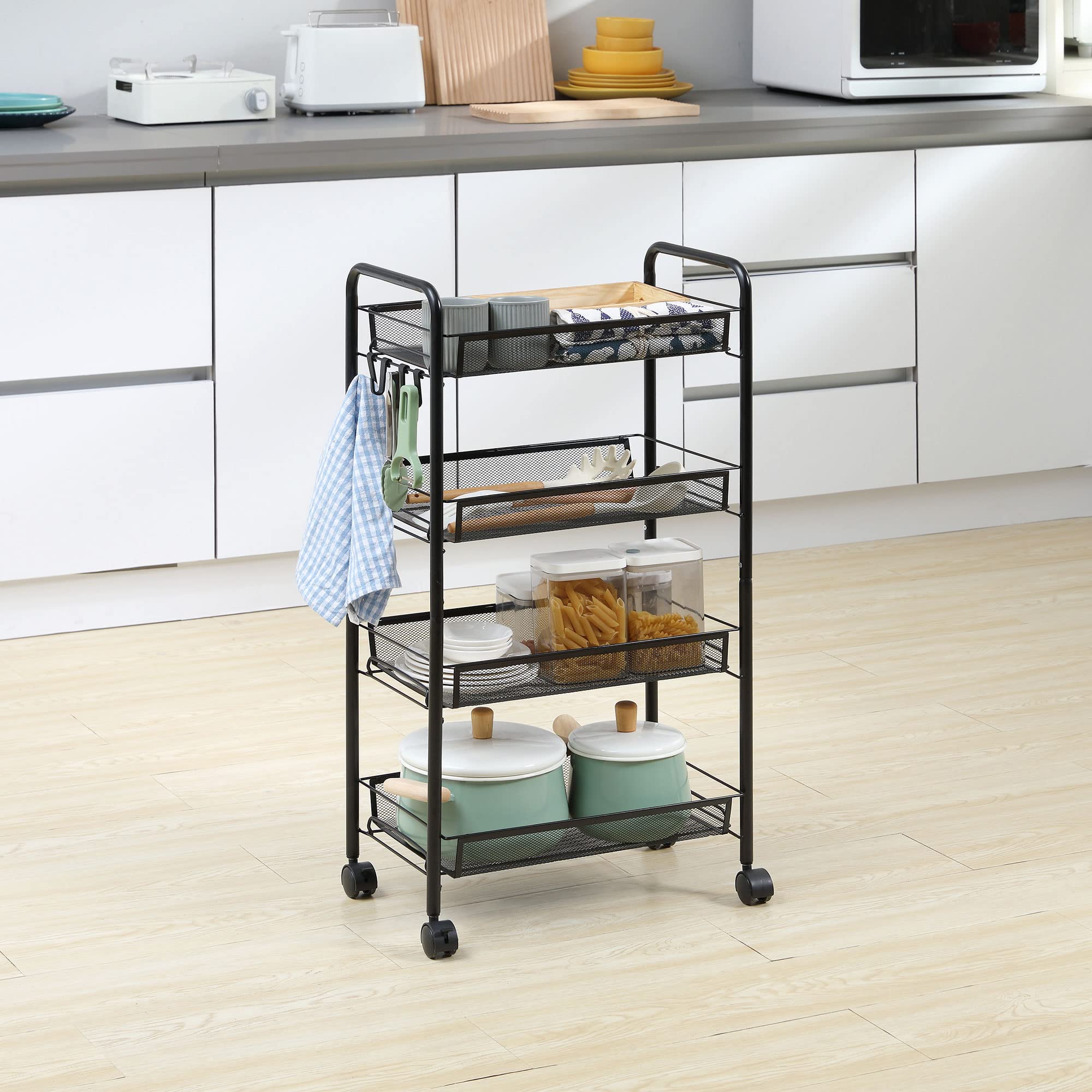 HOMCOM Carrello da Cucina Salvaspazio a 4 Livelli con Cestini a Rete, Carrello Portaoggetti per Salotto e Camera in Acciaio, 45x26.5x84 cm, Nero