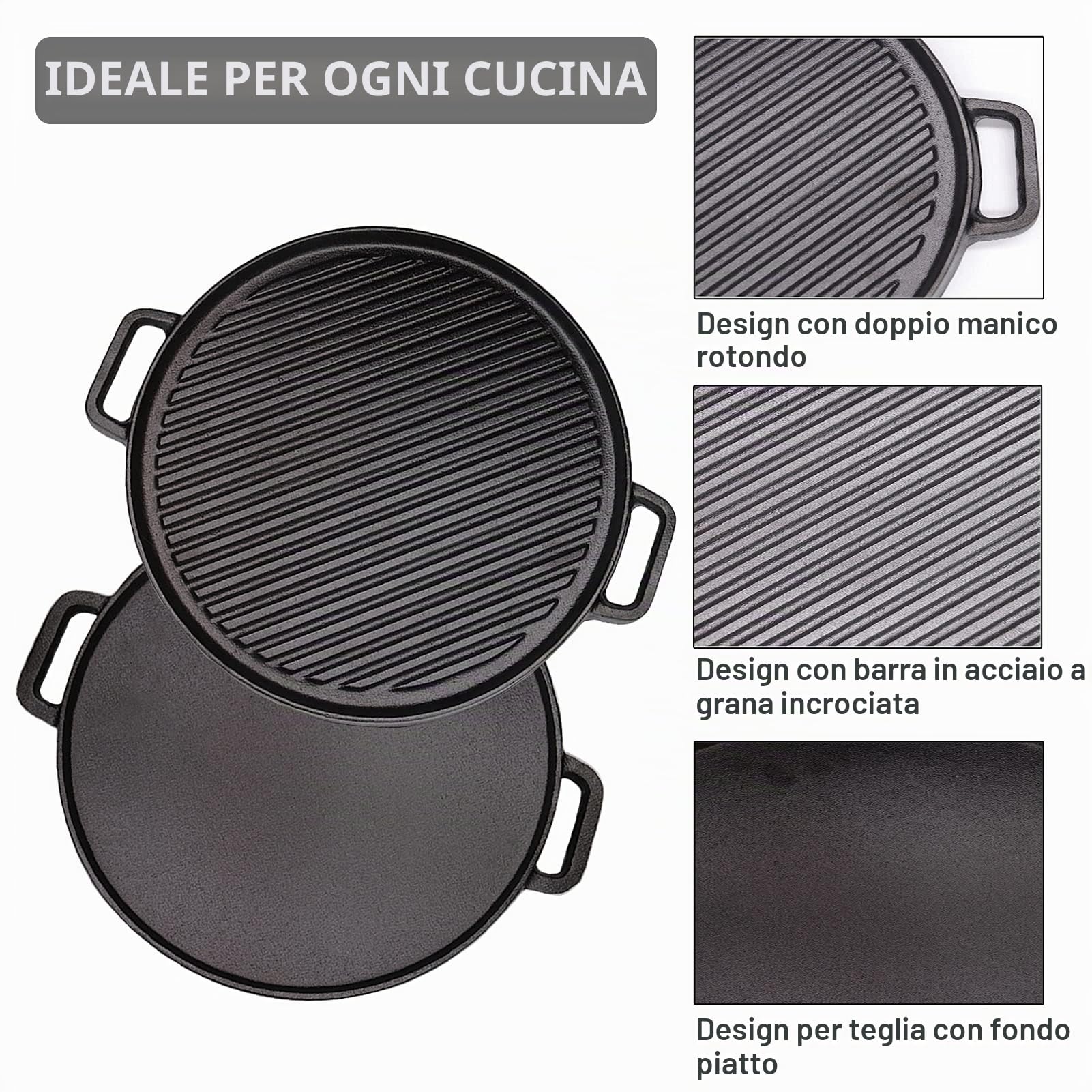 Bistecchiera in ghisa, bifacciale, con doppi manici, antiaderente, a induzione, per bistecche, grigliate, pane, uova, pancake, verdure, colore nero, 30 cm