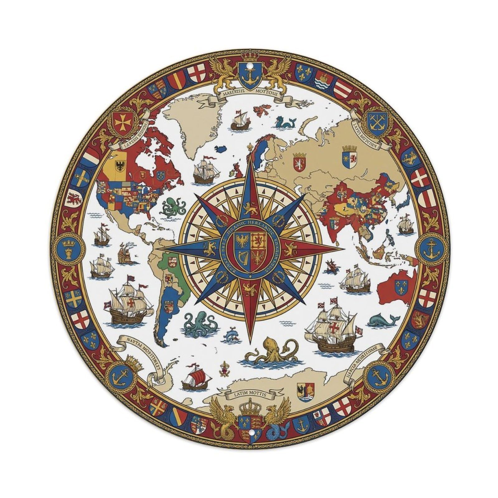 Vintage Nautical Compass World Map Historic Emblem Metal Tin Sign