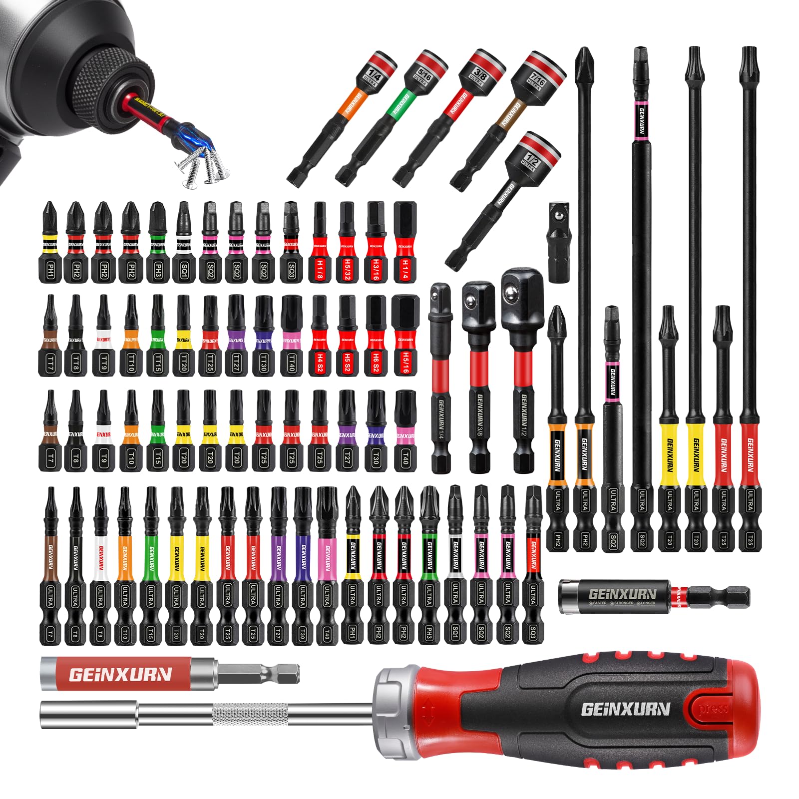 Geinxurn 82 Pieces Impact Driver Bits Set, Magnetic S2 Steel PH/PZ/Torx/Hex Insert Power Screwdriver Bits with Rachet Screwdriver Handle, Impact Bit Holder, Impact Nut Driver and Socket Adapter