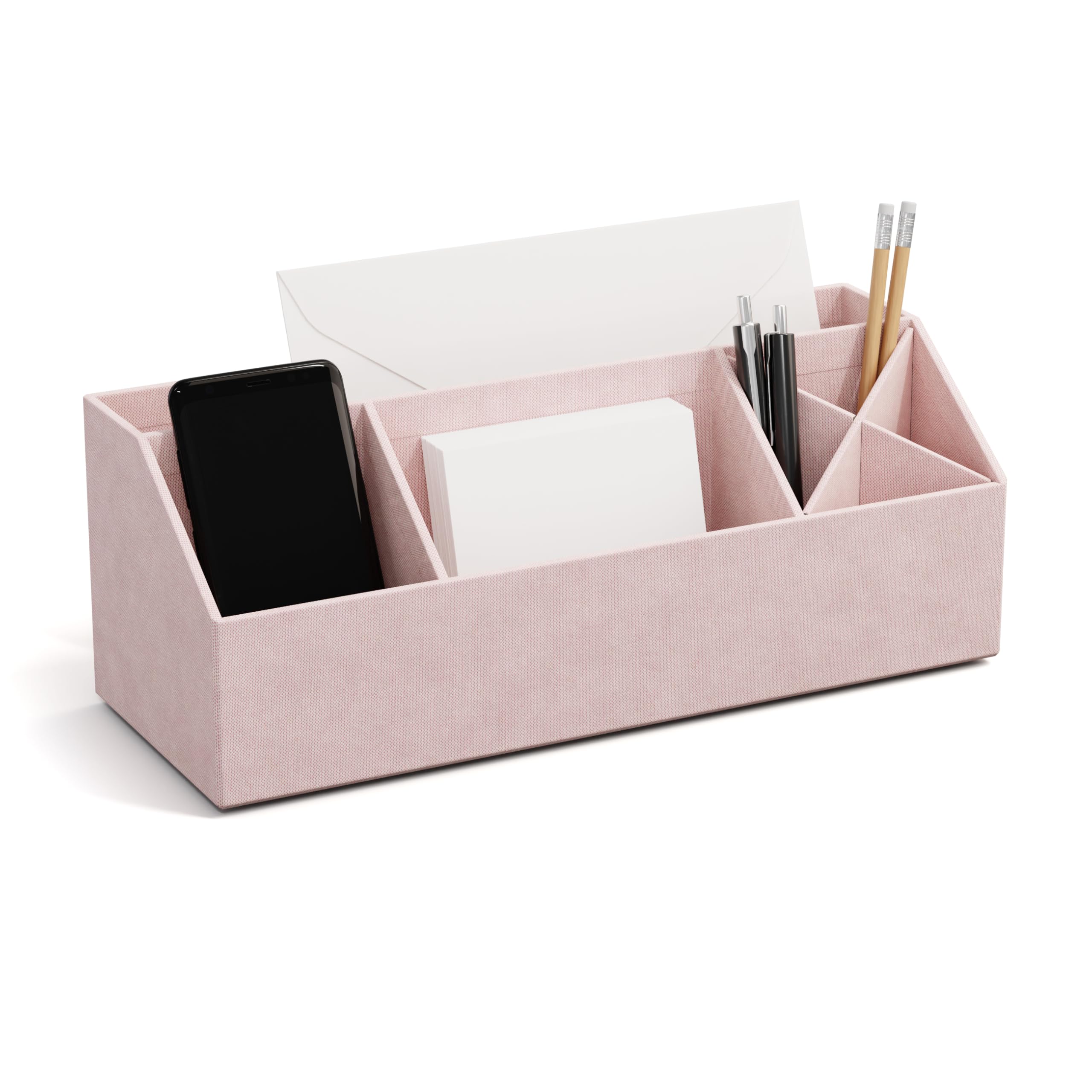 BIGSO ELISA Schreibtisch Organizer – Aufbewahrungsbox mit 4 Fächern – Schreibtischablage für Zettel, Büroklammern, Stifte & Kleinteile – Sortierkasten aus Faserplatte und Papier – rosa