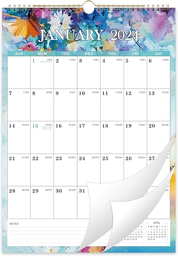 Calendario 2024 Calendario de pared 2024, enero 2024 a diciembre 2024, 12 x 17 pulgadas, encuadernación de doble alambre, gancho para colgar,