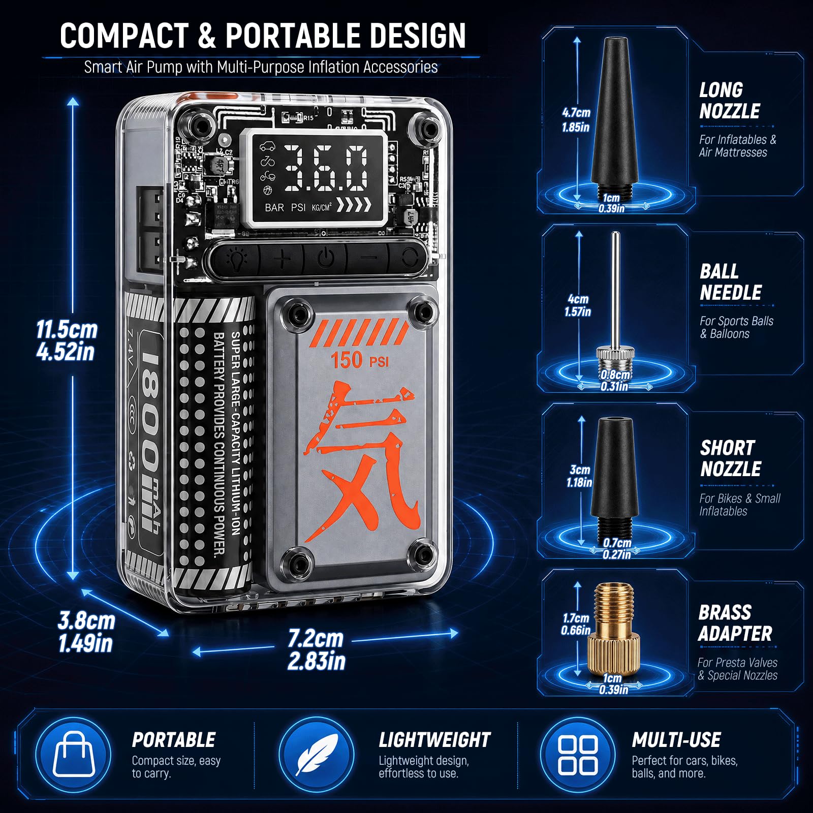 Compressore Aria Portatile 150 PSI (10,3 Bar), Mini Compressore Senza Fili, Gonfiatore Pneumatici Elettrico con Display LCD, Spegnimento Automatico, Luce LED, per Auto Moto Bici Palloni