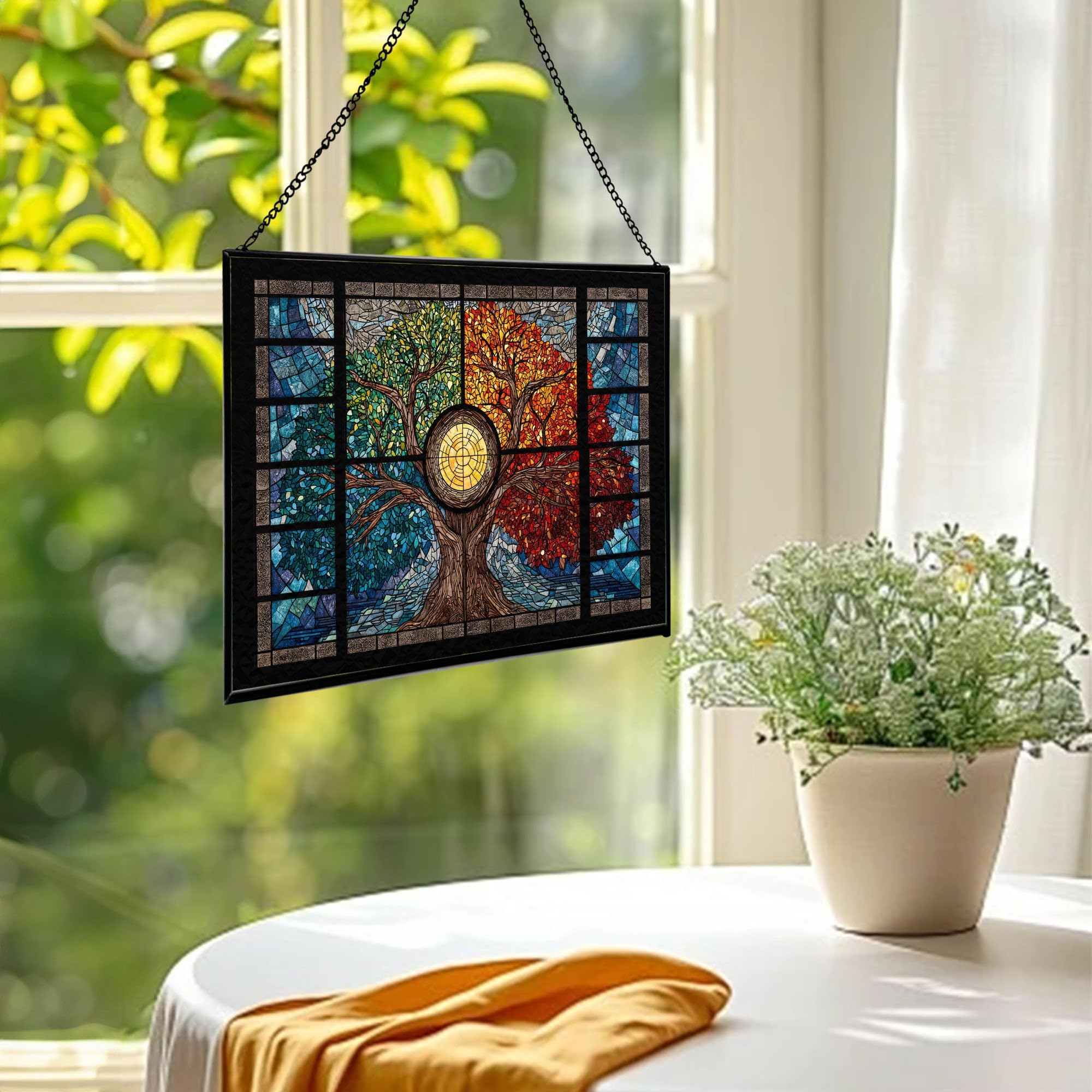 Tree of Life with Seasons Divided Rectangular Stained Glass Suncatcher – Hanging Window Panel with Animal & Nature Scene – Vibrant Glass Art Gift for Wildlife, Fantasy, Nature Lovers wk6E1Q