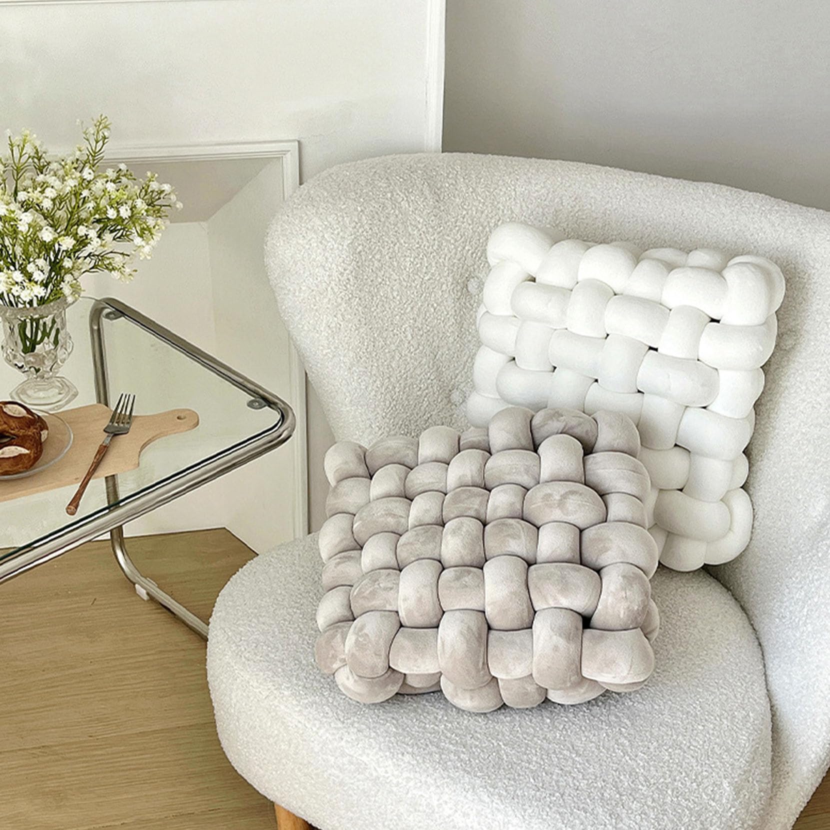 Plüsch-Knotenkissen, handgefertigt, geknotet, sensorisches Kissen, weiches Bouclé, quadratisches Plüsch-Rückenlehne, Bodenkissen für Zuhause, Sofa, Schlafzimmer, Büro, Dekor (Grau B, M (33 x