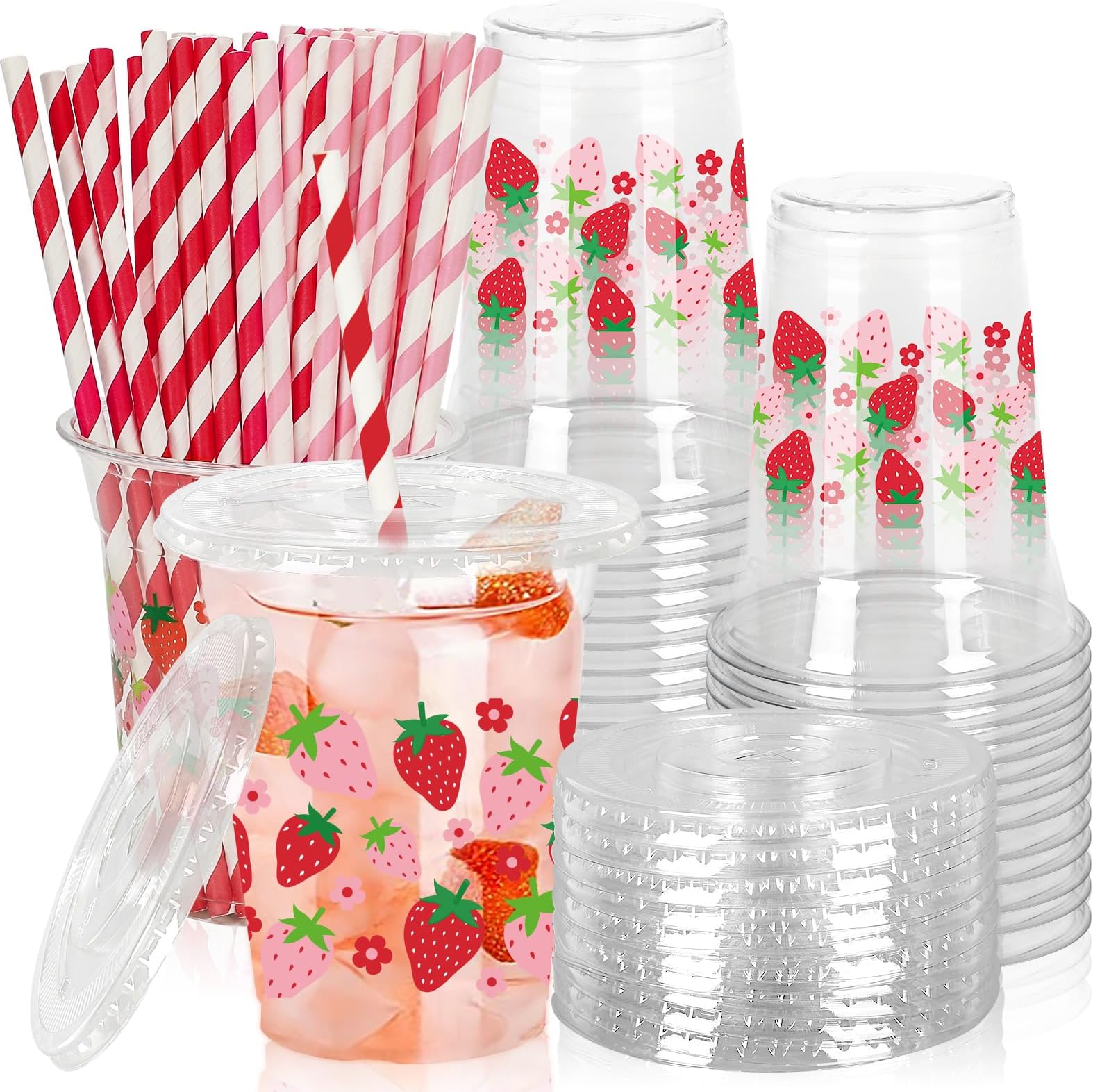 Amazon.com: AnyDesign 50 Sets Strawberry Paper Cups with Paper Straws ...