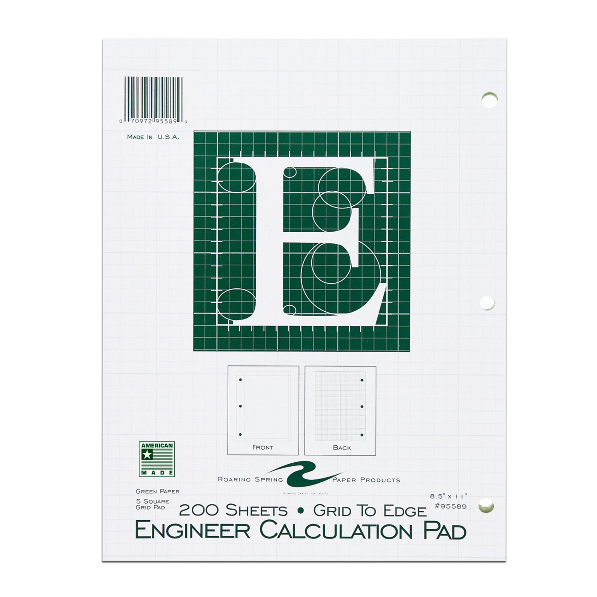 Roaring Spring 5x5 Graph Engineering Pad, 15# Green Paper, 3 Hole Punched, 8.5" x 11" 200 Sheets, Edge to Edge Grid