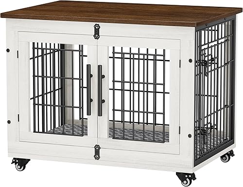 Miniatura 9 de Mueble de jaula para perros con cojín, perrera de madera para interiores con puertas dobles, jaula para perros con ruedas, mesa auxiliar lateral de