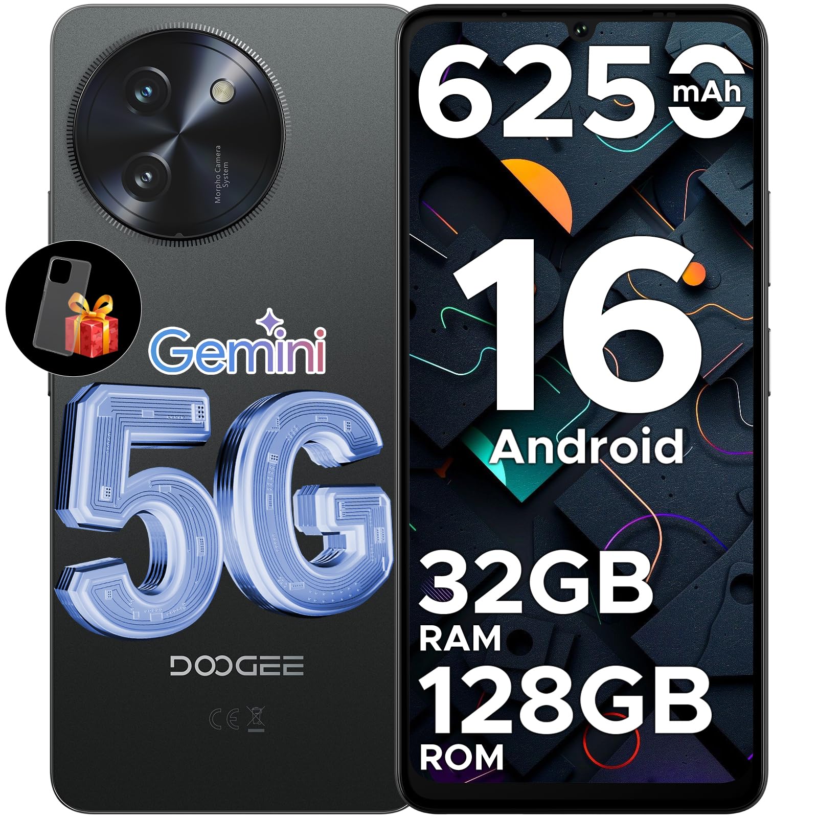 DOOGEE Note 59 Smartphone 5G Android 16 Gemini AI, 32GB+128GB/2TB TF Telefono, 6.75" HD+ 120Hz Cellulare, 6250mAh Batteria Cellulari, Octa-core Telefoni, 16MP+8MP/Widevine L1/NFC/Face ID/GPS/OTG, Nero