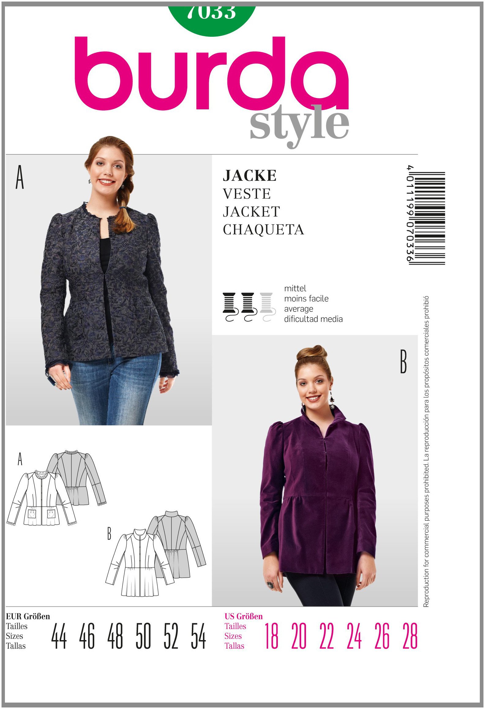Burda Style Sewing Pattern 7033 - Misses' Jacket, Semi-fitted Size (18-20-22-24-26-28)