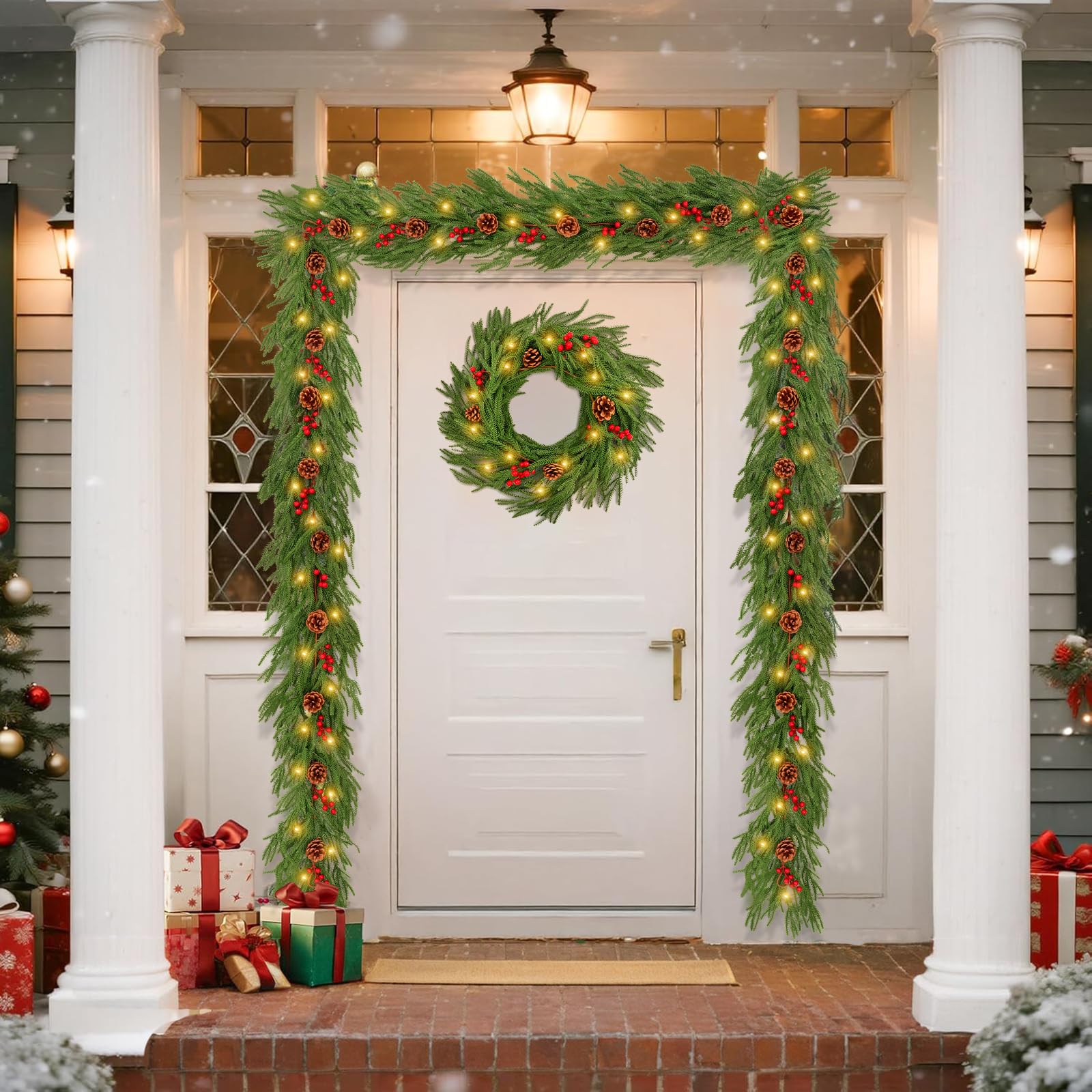 Dremisland 2 Stück Weihnachtsgirlande mit 100 Beleuchtung Künstliche Norfolk Girlande Weihnachten Kieferngirlande Tannengirlande Weihnachten Deko Grün Norfolk Kiefer Girlande Rot Beeren Adventskranz
