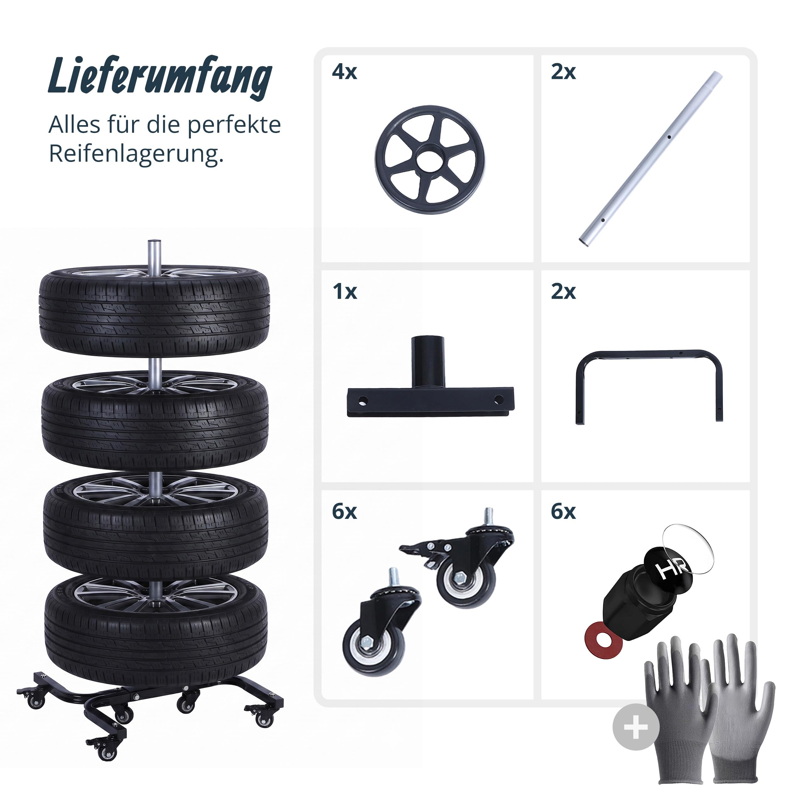 Relaxdays Reifenständer mit Rollen, für 4 Reifen mit Felgen, Reifenlager bis 150 kg, HBT: 130x50x50 cm, Stahl, schwarz