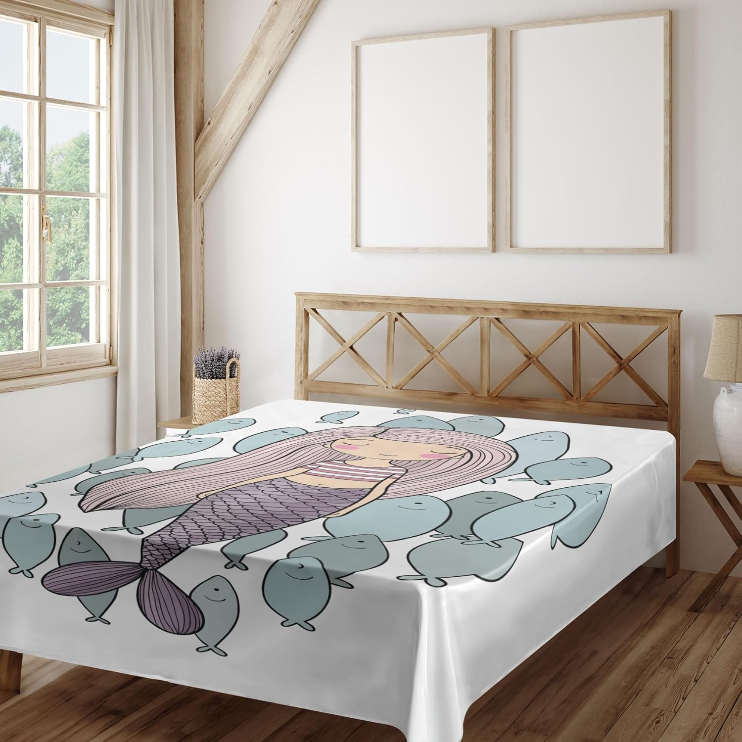 Ambesonne Mermaid Flat Sheet, Cartoon Girl Living in The Sea with Flock of Fish Fantasy Marine Cartoon Character, Soft and Comfortable Top Sheet Decorative Bedding 1 Piece, Full Size, Multicolor