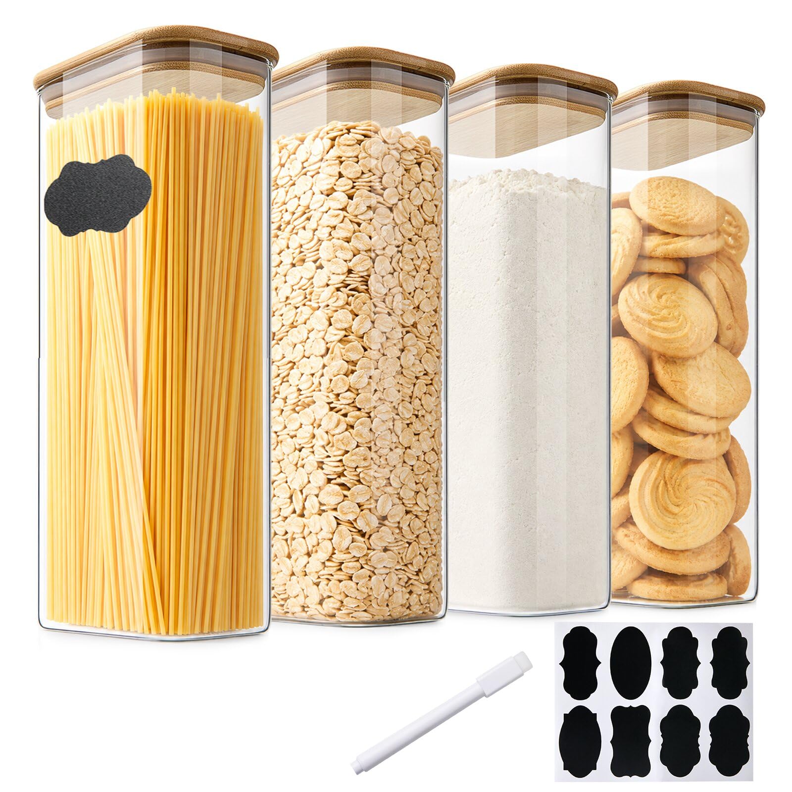 YBCPACK Juego de 4 tarros de cristal de borosilicato herméticos con tapa de 2,1 L, 2100 ml, tarros de almacenamiento cuadrados con tapa de bambú para espaguetis, judías y copos de maíz