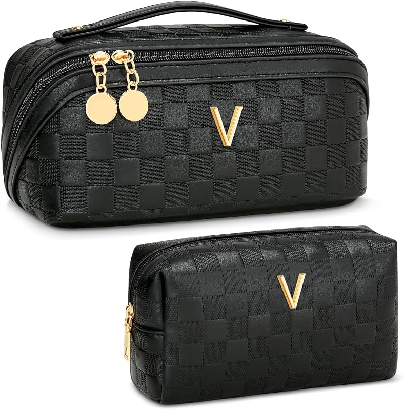 Necessaire de maquiagem e viagem CLOUDWINGS com inicial dourada, preta, Pacote com 2