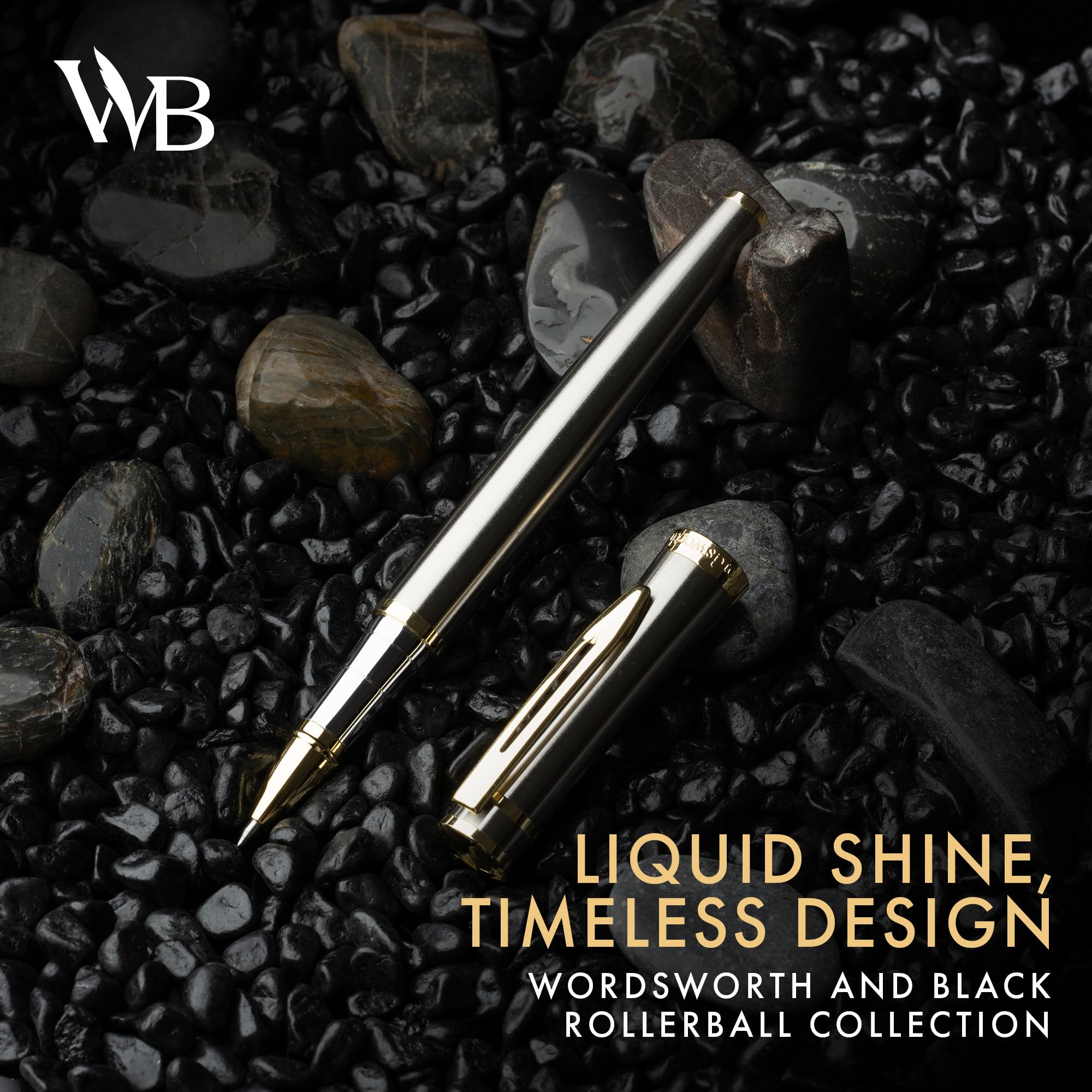 Wordsworth et Black Rollerball Pen - Stylo de Luxe - Finition Or 24K, Laque Argentée, Recharge d'Encre, Rechargeable, Cadeau pour Hommes & Femmes, Écriture Professionnelle, Beaux Stylos Élégants