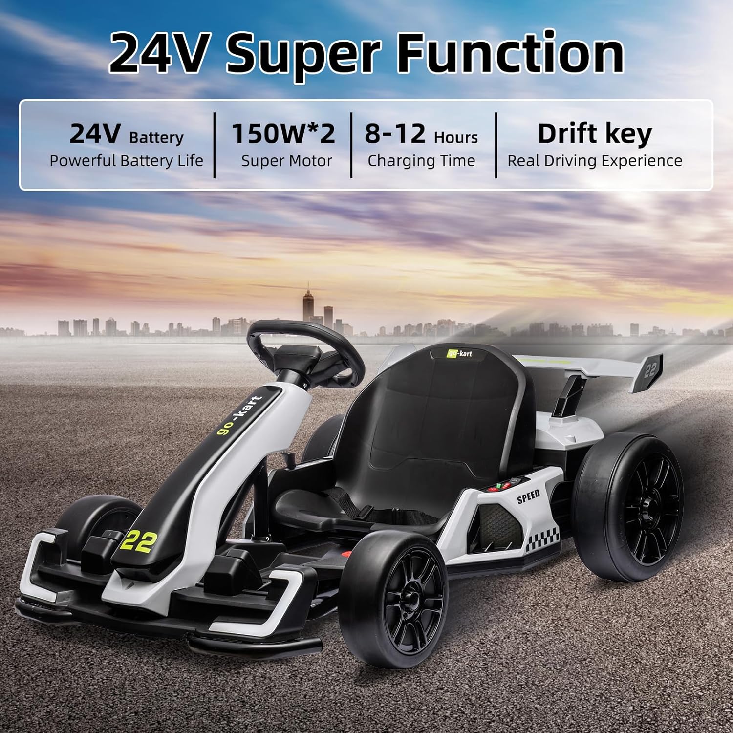 24V Kids Go Kart，300W Powerful Electric Drift Kart with Dual Motors, Adjustable Seat, 8mph Speed, Bluetooth, Led Lights, Eva Tires, and Brake Pedal for Ages 6+,White