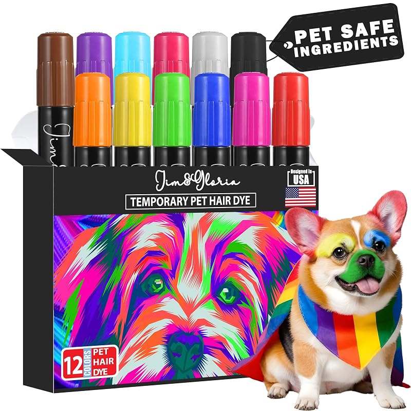 Canetas Temporárias para Colorir Pelos de Cães Jim&Gloria, Kit de Higiene com 12 Cores