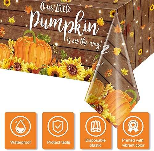 Miniatura 4 de 3 manteles de madera rústica de calabaza para baby shower, plástico con texto en inglés Our Little Pumpkin Boy Girl is on the Way Baby is Brewing