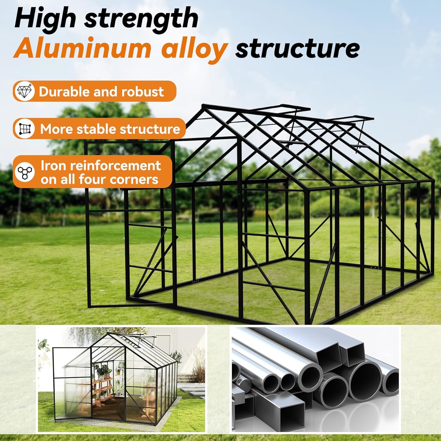 LZQ Aluminiowa szklarnia ogrodowa z fundamentem 380 x 250 x 205 cm, szklarnia, szklarnia z drzwiami przesuwnymi i świetlikami, szklarnia, szopa ogrodowa, odporna na zimę, szklarnia pomidorów (12 x 8