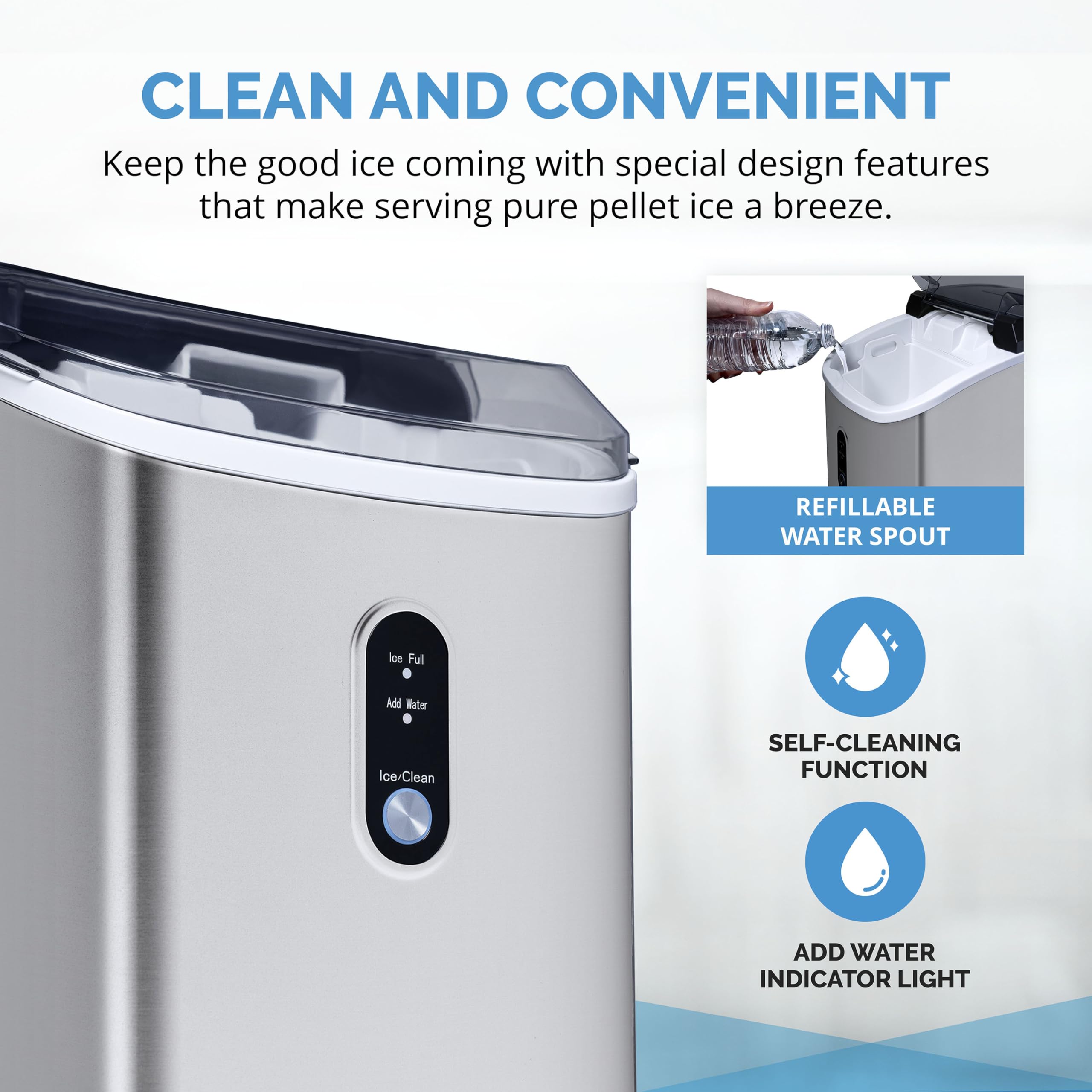 Newair Countertop Nugget Ice Maker, 26 lbs/Day Sonic Ice Machine in Stainless Steel – Self-Cleaning, Refillable Tank, Chewable Ice for Home, Kitchen, Office, or Coffee Bar on Fridge.com