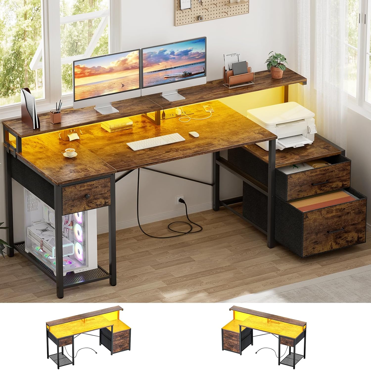 Aheaplus Computer Desk with 3 Drawers, Home Office Desk with File Drawer & Power Outlet, 59'' Gaming Desk with Led Lights, Long Work Desk with Storage, Printer Cabinet and Monitor Shelf, Rustic Brown