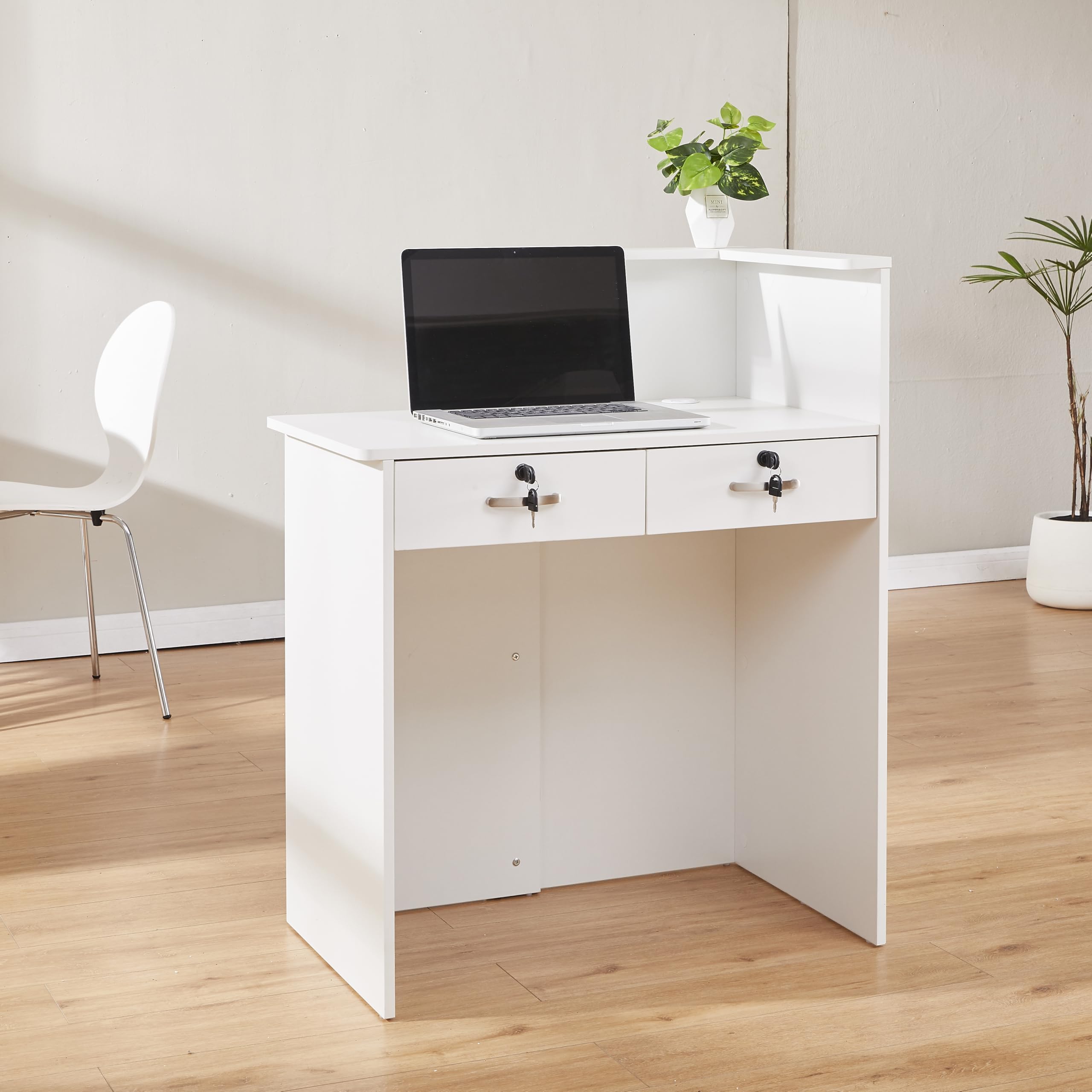 Mostrador de Recepción Moderno 80 cm, Mueble de Oficina de MDF con Cajón Cerradura y Estantes Abiertos, Escritorio de Recepción para Peluquería, Centro de Belleza, Tienda, Hotel y Oficina