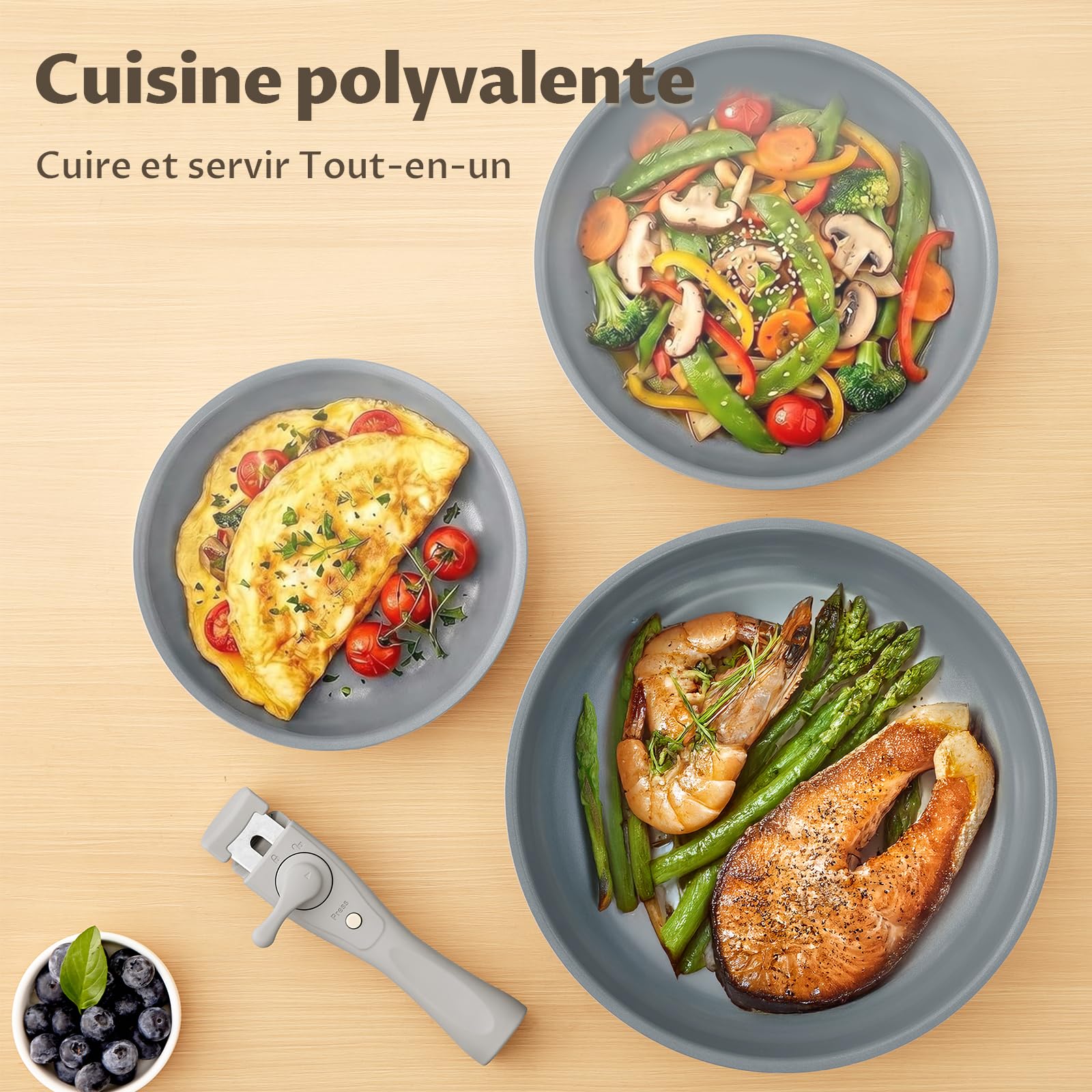 BLAZANT Batterie de Cuisine 7 Pièces avec Poignée Amovible | Poêles en Céramique 20/24/28 cm pour Petites Cuisines, Camping-Car & Camping | Empilable, Induction, Four jusqu'à 240°C, Sans PFAS