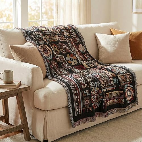 DaDa Bedding - Elegante manta de tapiz con adornos bohemios, tela étnica única, formas geométricas, color negro con borlas de flecos, diseño