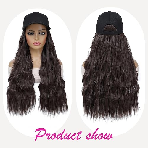 Miniatura 2 de Yunkang Peluca de gorra de béisbol, extensiones de cabello largo natural ondulado con sombrero, resistente al calor, fibra sintética, peluca