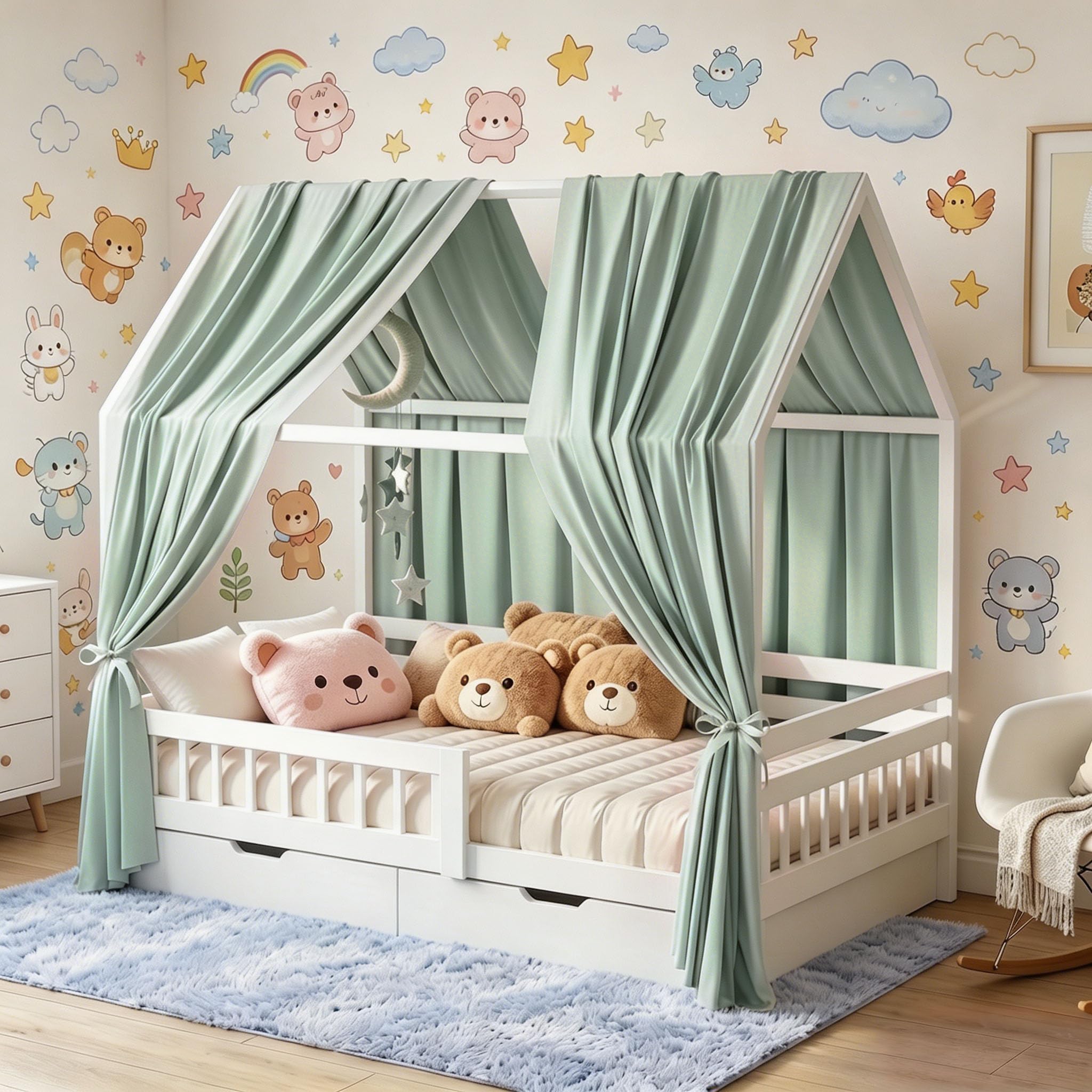 2 Stück Hausbett Himmel, Betthimmel Babybett aus Musselin,Weich und atmungsaktiv Baldachin Kinderzimmer Deko,Hausbett Himmel Deko Set für Mädchen & Jungen-62 x 270cm Hellgrün