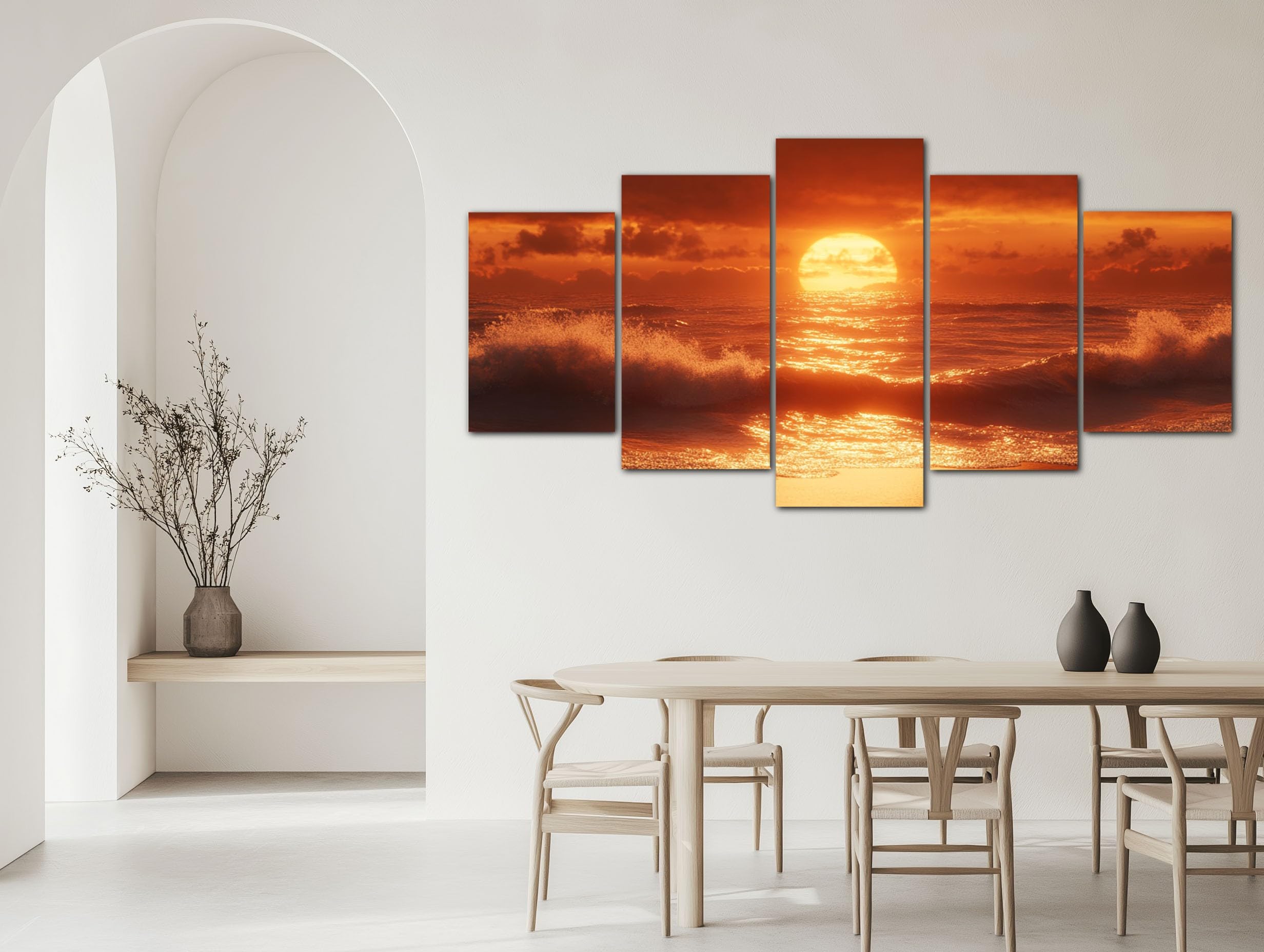 ZORYAN Bilder 150x75 cm 5 Teilig Sonnenuntergang Am Strand Leinwand Gold | Wandbilder Set für Wohnzimmer, Schlafzimmer - Moderne Wanddekoration