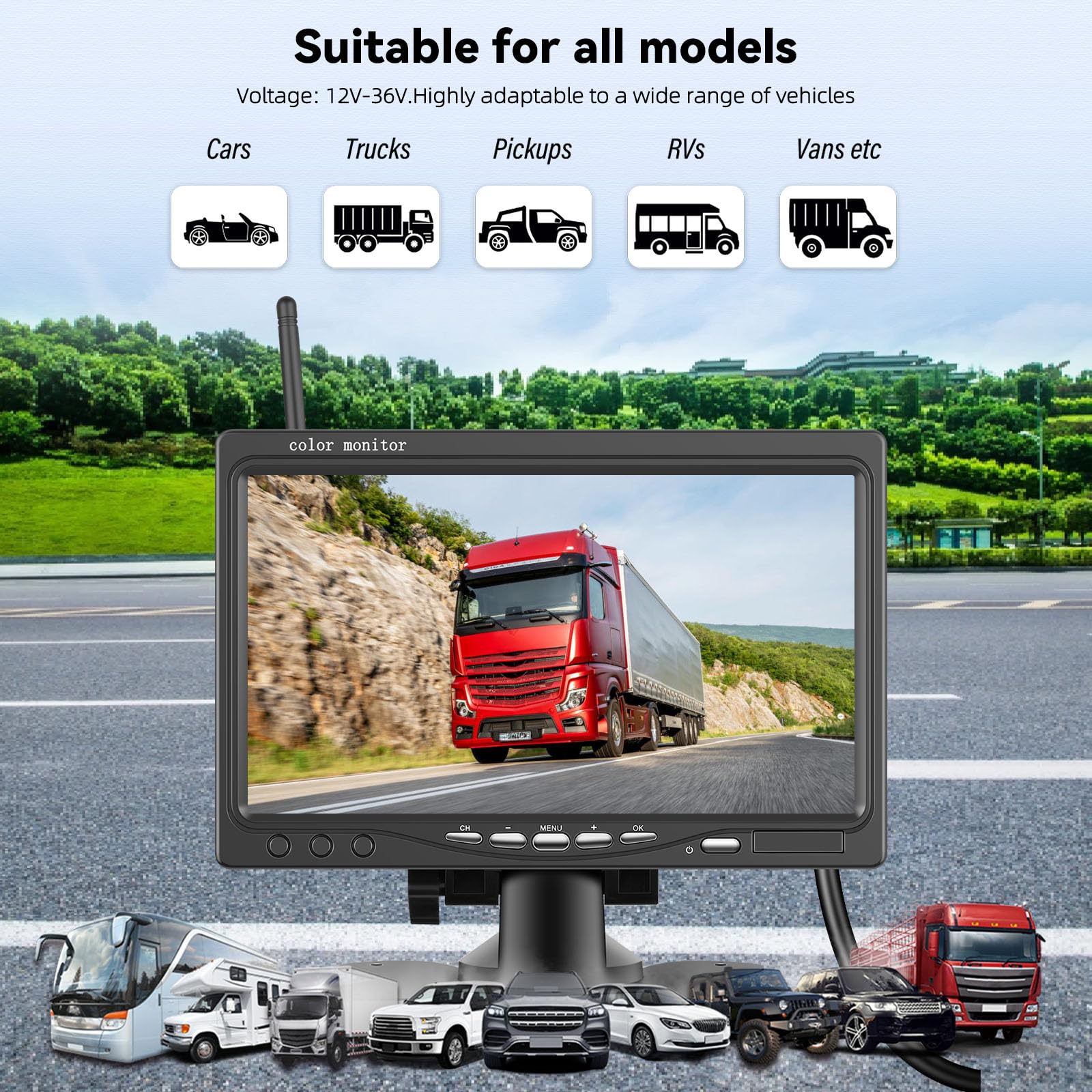 Camara Marcha Atras Inalámbrica 7 Pulgadas 1080P, IP68 Impermeable + Visión Nocturna + BSD Cámara de Marcha atrás para 12V-36V Camión Camper RV Furgonetas