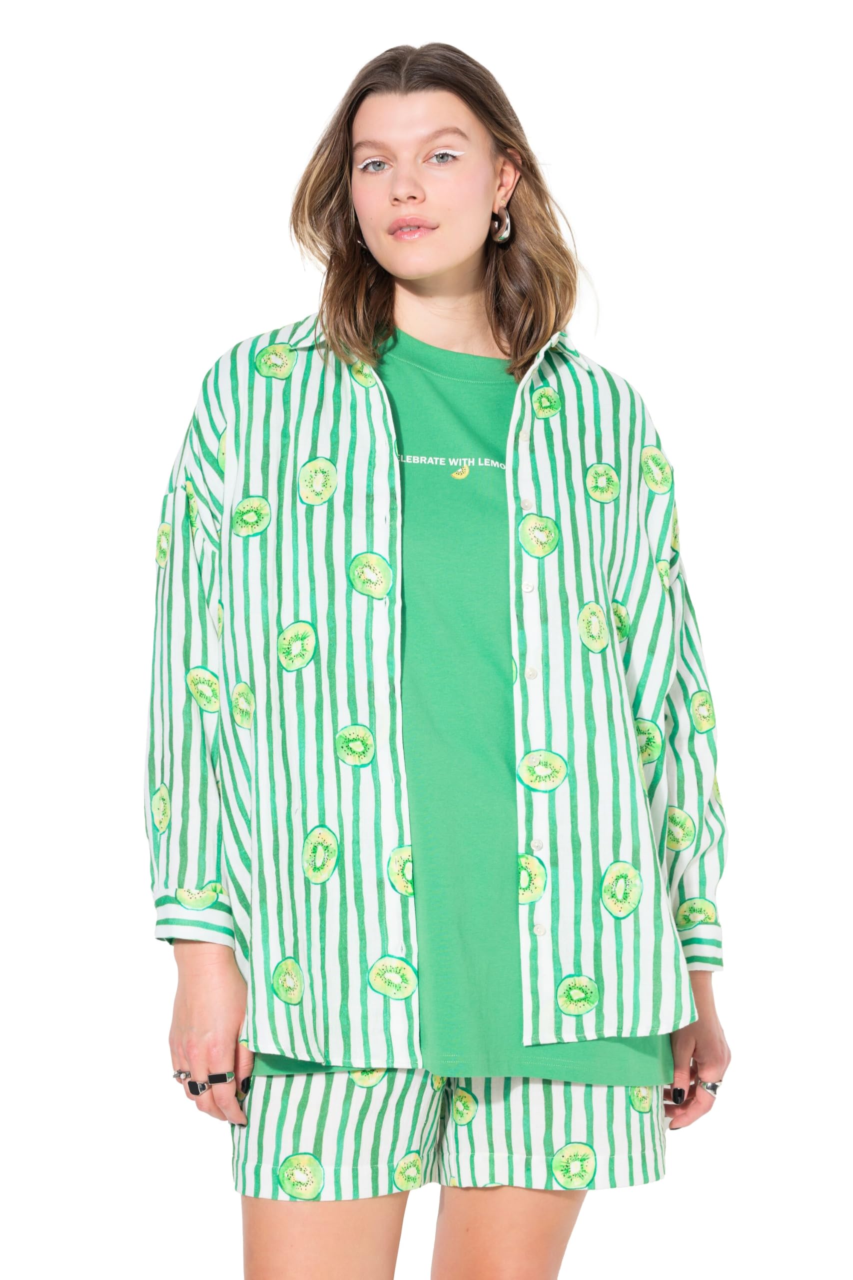 Studio Untold Damen große Größen Übergrößen Plus Size Streifenbluse Musselin, Oversized, Fruitprint auf Streifen 839755