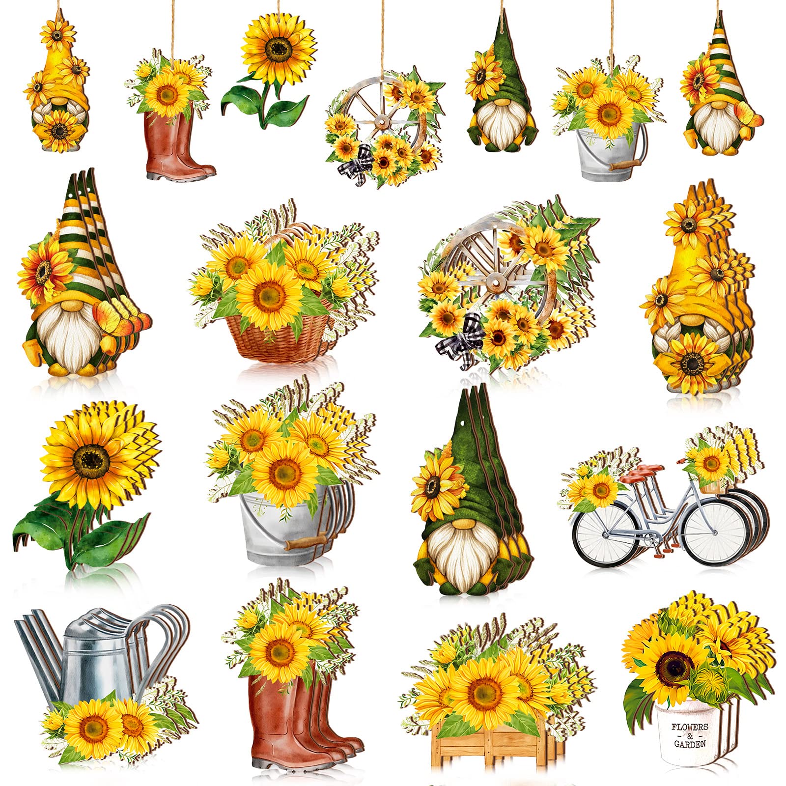 Maitys 36 Pcs Spring Flower Wooden Ornaments Sunflower Tulip Tree Decoration Floral Gnome Hanging Wood Cutout Pastel Spring Decor for Home Small Tree