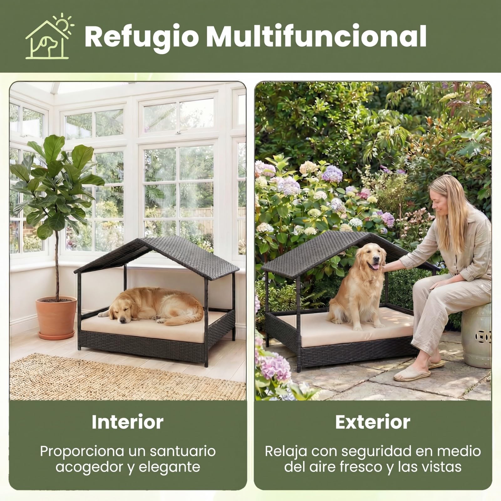 GYMAX Cama para Perro con Cojín, Caseta para Perro Exterior de Ratán PE con Techo Inclinado y Base Elevada, Ventilada e Impermeable, para Exterior e Interior, 98 x 68 x 74 CM (Beige)