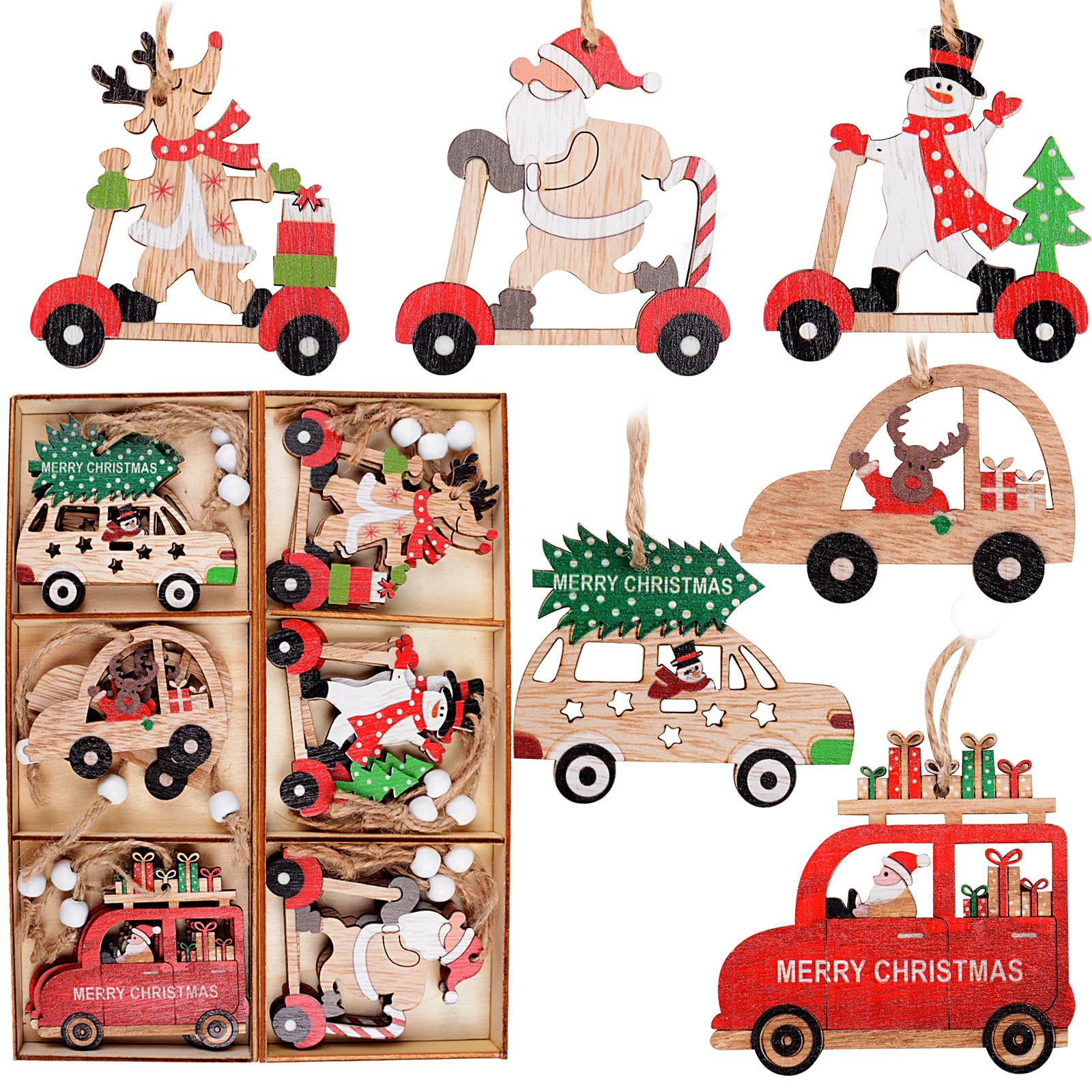 18pcs Colgante Madera de Navidad Adorno Decoración de Árbol de Navidad Colgante Decorativo Colores Papá Noel Renos Muñeco de Nieve Feliz Navidad Decoración